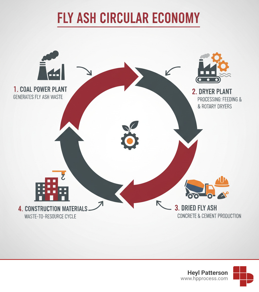 Detailed infographic showing the fly ash circular economy process: coal power plant generating fly ash waste, processing through a dryer plant with feeding systems and rotary dryers, resulting in dried fly ash being used in concrete production, cement manufacturing, and construction materials, completing the waste-to-resource cycle - fly ash dryer plant infographic 