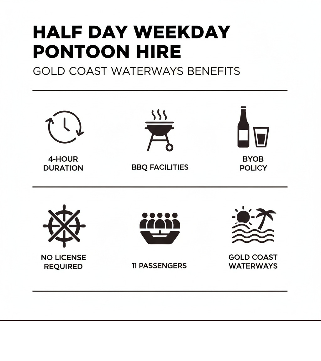 Infographic for a half-day pontoon hire on Gold Coast Waterways, highlighting benefits like BBQ, BYOB, and no license required - Half day hire weekday infographic 