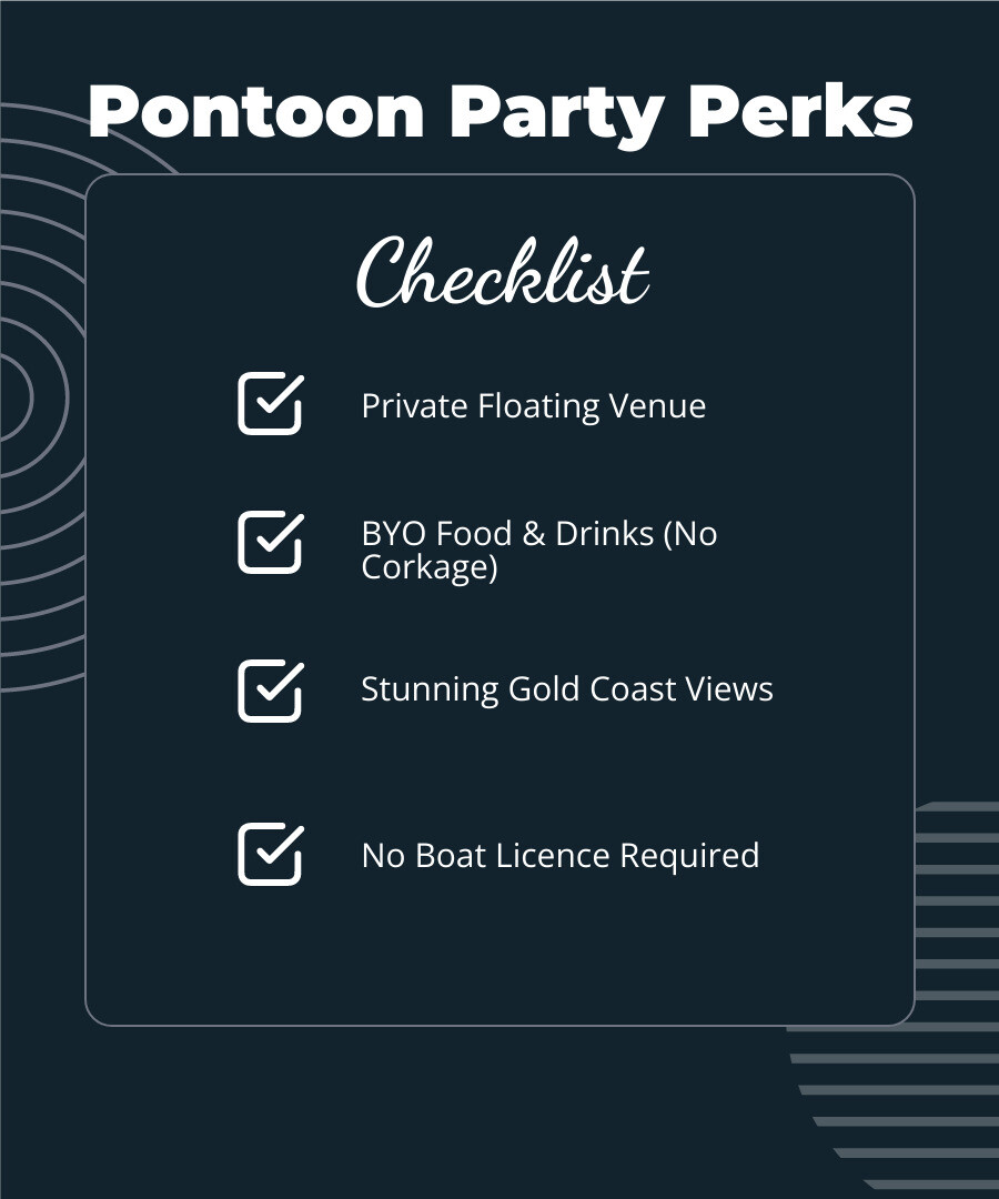 Infographic checklist detailing Pontoon Party Perks, including Private Floating Venue, BYO Food & Drinks, Stunning Gold Coast Views, and No Boat Licence Required - Pontoon Christmas parties