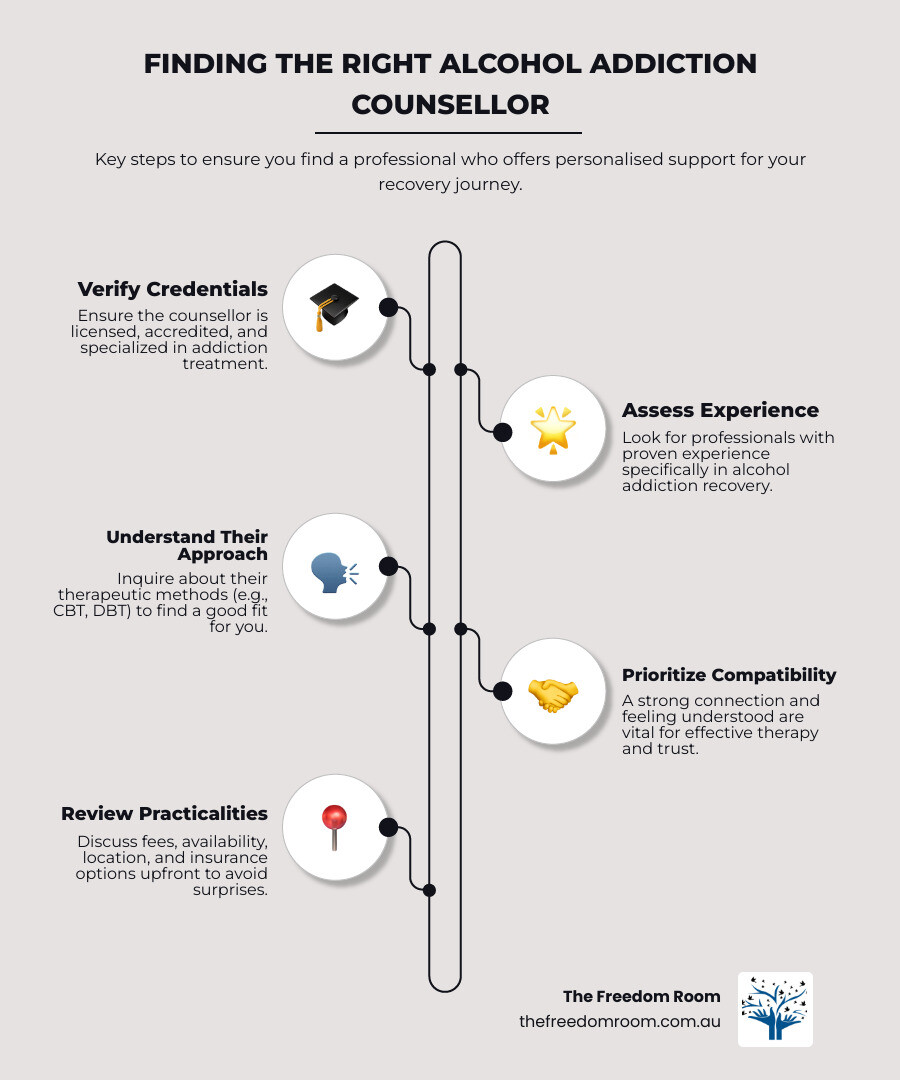 Create a clean, professional infographic titled "Finding the Right Alcohol Addiction Counsellor" showing 4 steps for personalised support. Use calming colours, simple icons for each step, clear legible text, and a modern, uncluttered layout suitable for private counselling and mental health.