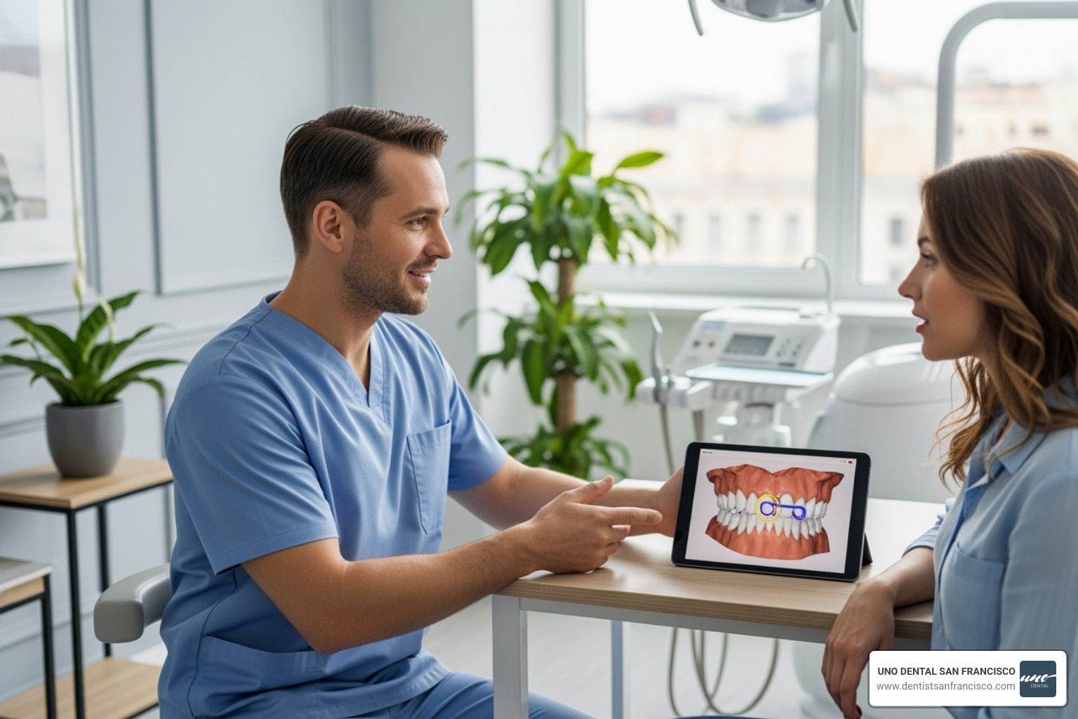 Image of a dentist and patient discussing a treatment plan in an office - Virtual Smile Consultation Image of a dentist and patient discussing a treatment plan in an office - Virtual Smile Consultation