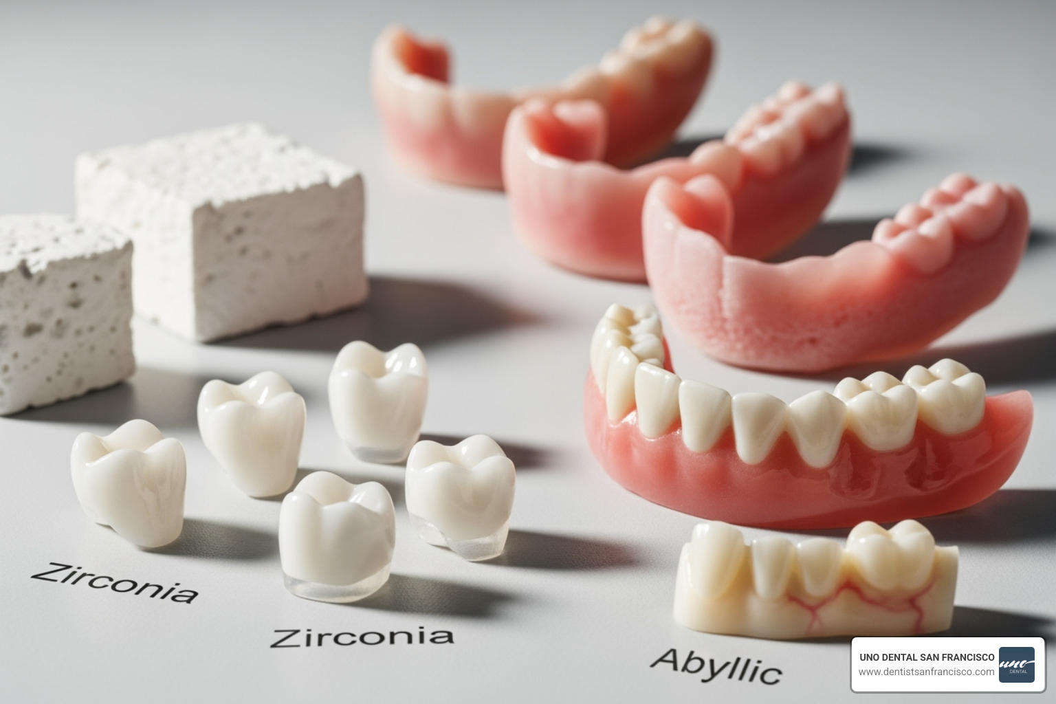 Image showing different prosthetic materials like Zirconia and Acrylic, highlighting their varied textures and colors - All on 4 cost Image showing different prosthetic materials like Zirconia and Acrylic, highlighting their varied textures and colors - All on 4 cost