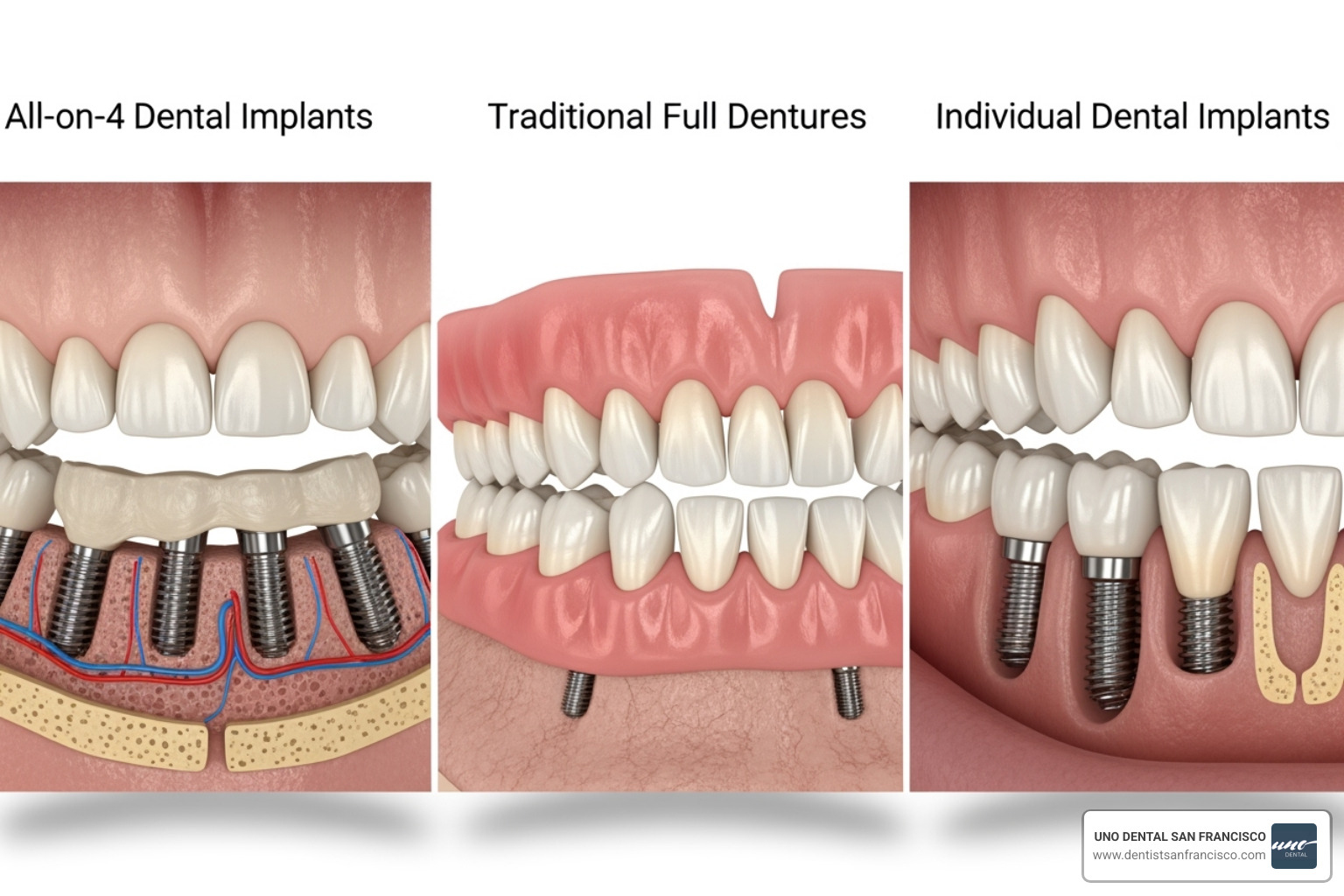 Image comparing the look of All-on-4, traditional dentures, and single implants, highlighting the stability and natural appearance of All-on-4 - All on 4 cost Image comparing the look of All-on-4, traditional dentures, and single implants, highlighting the stability and natural appearance of All-on-4 - All on 4 cost
