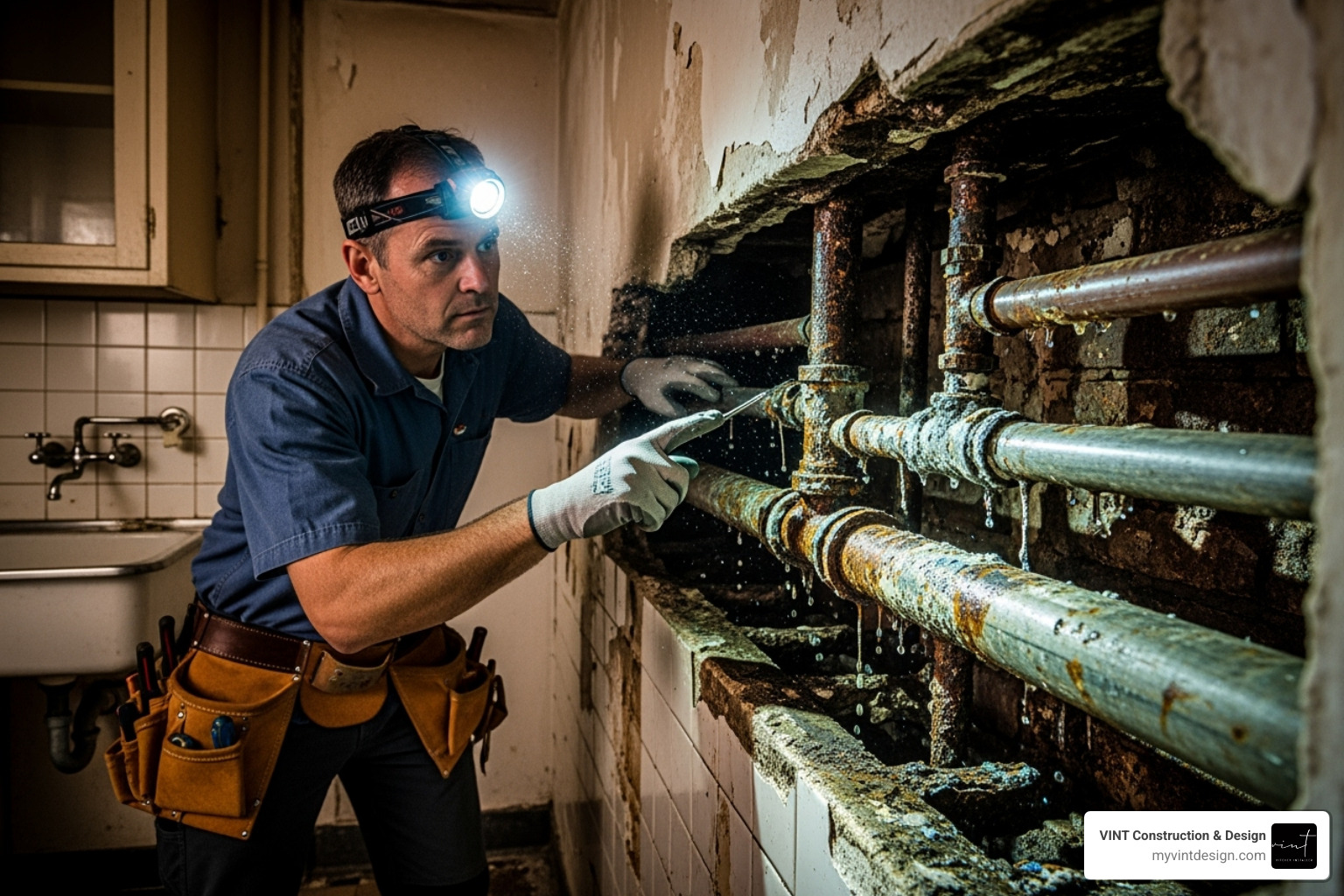 contractor inspecting old plumbing - kitchen remodel cost NYC contractor inspecting old plumbing - kitchen remodel cost NYC