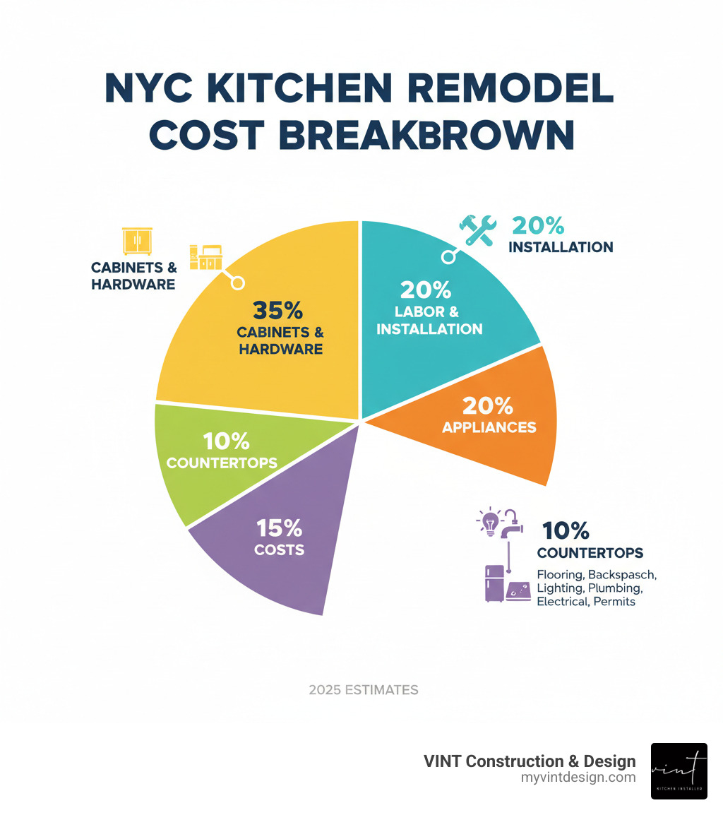 Infographic showing kitchen remodel cost breakdown: 35% cabinets and hardware, 20% labor and installation, 20% appliances, 10% countertops, 15% other costs including flooring, backsplash, lighting, plumbing, electrical, and permits - kitchen remodel cost NYC infographic  Infographic showing kitchen remodel cost breakdown: 35% cabinets and hardware, 20% labor and installation, 20% appliances, 10% countertops, 15% other costs including flooring, backsplash, lighting, plumbing, electrical, and permits - kitchen remodel cost NYC infographic