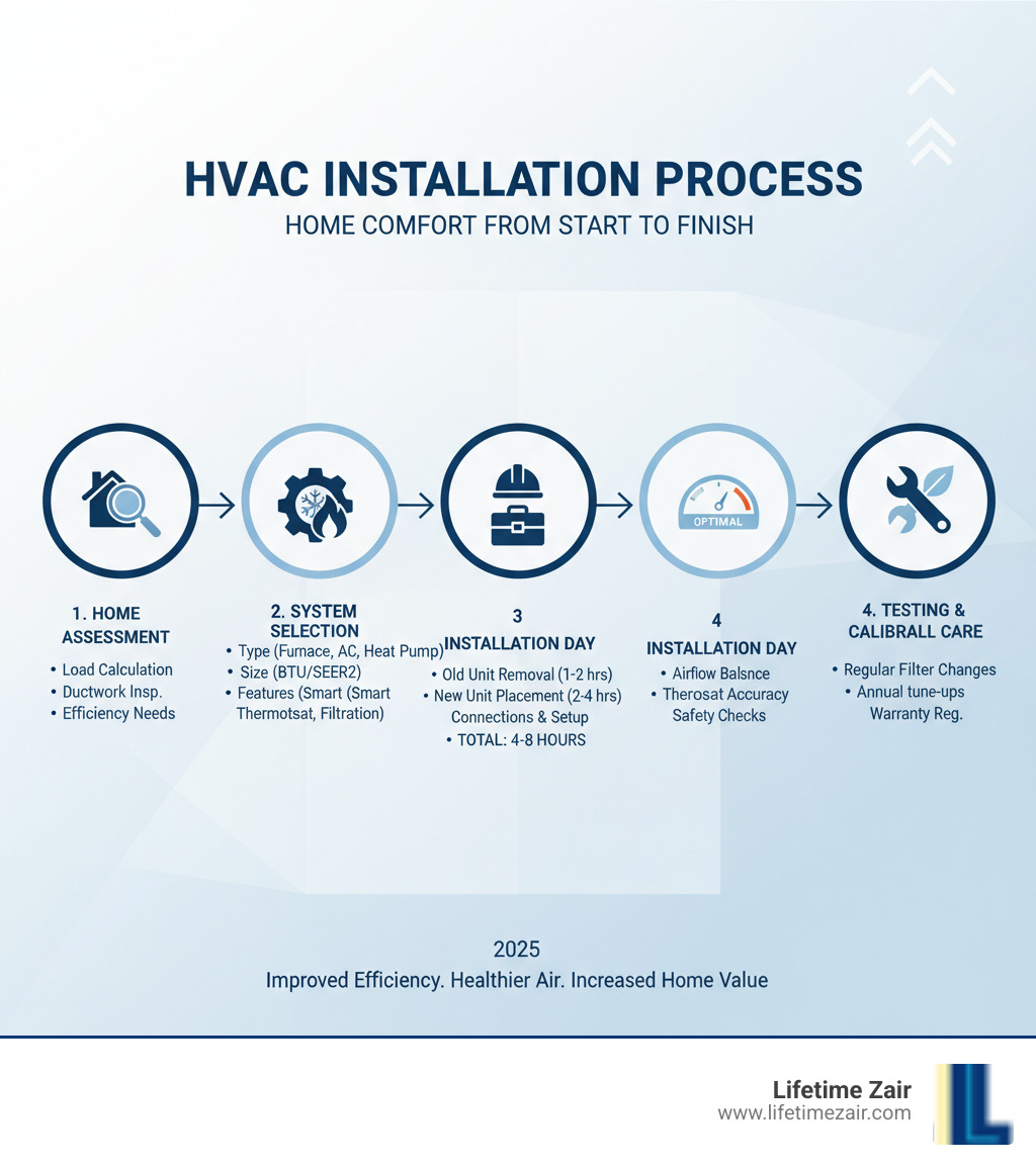 Detailed infographic showing the complete HVAC installation process from initial home assessment through final system testing, including system selection criteria, installation day timeline, and post-installation maintenance requirements - New HVAC system install infographic 