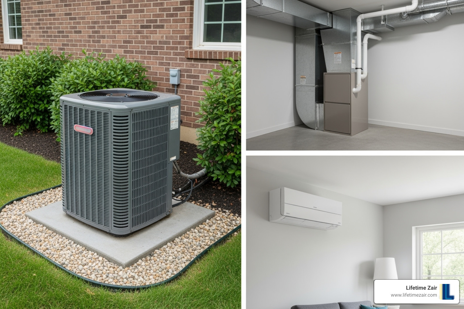 different types of HVAC units, like a central air condenser, a furnace, and a ductless mini-split - New HVAC system install