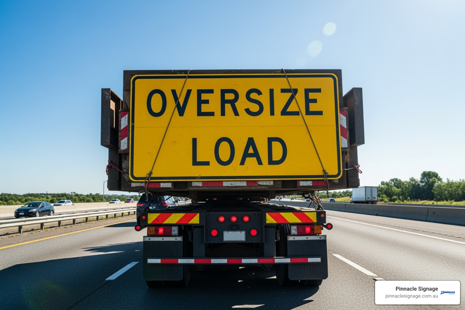 Rear view of a flatbed truck displaying a large yellow OVERSIZE LOAD sign on a sunny highway - Oversized vehicle signs