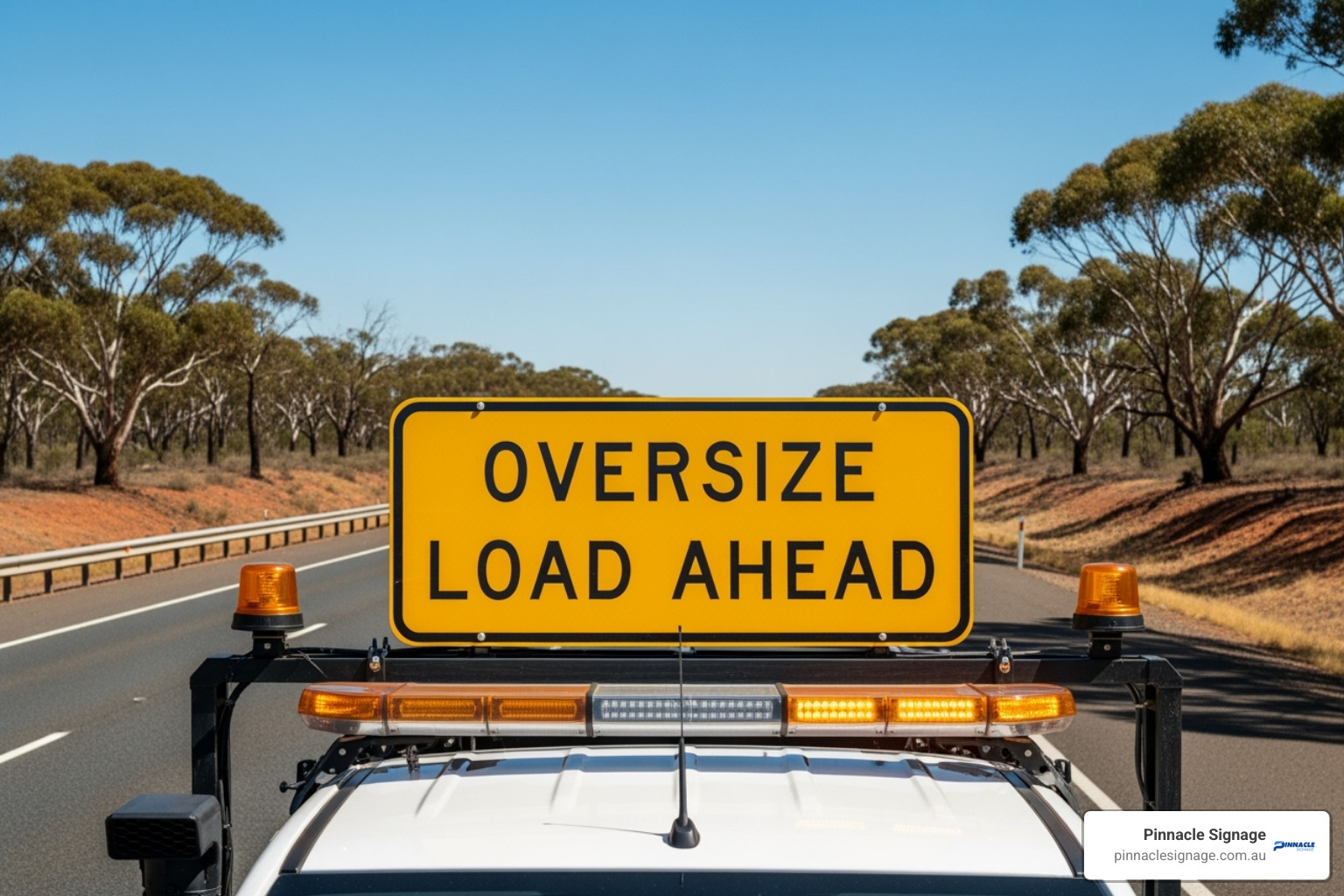 Roof-mounted OVERSIZE LOAD AHEAD warning sign (Pinnacle Signage) with flashing lights on a highway pilot vehicle - Oversized vehicle signs