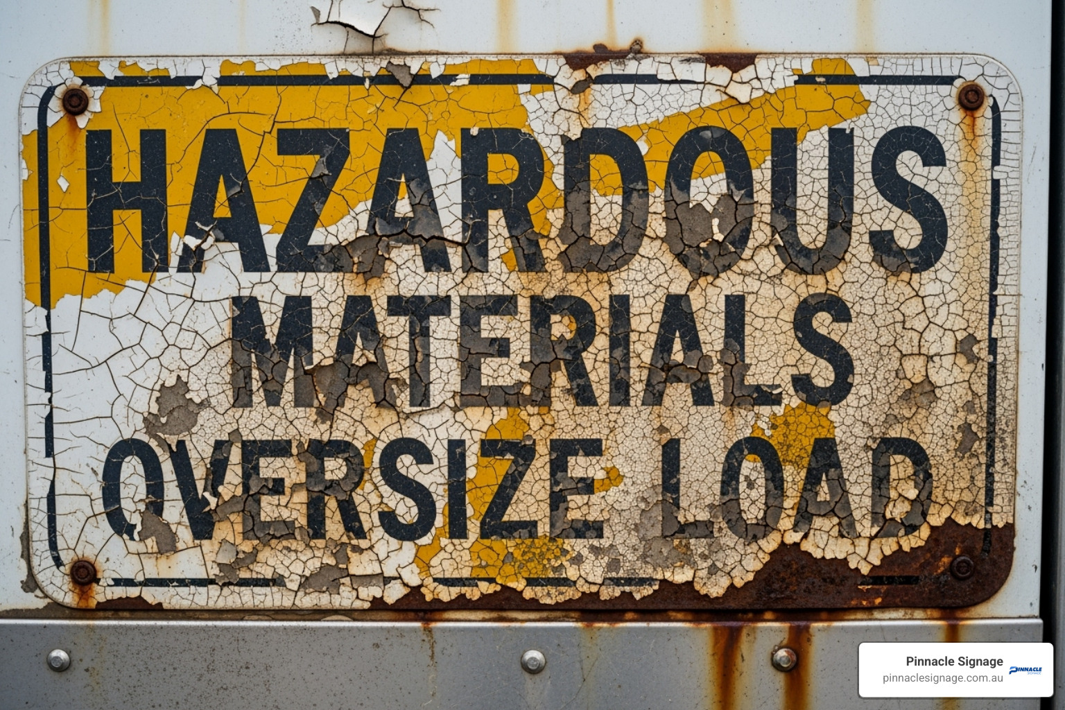 A close-up image of a vehicle sign on a truck that is visibly faded, cracked, and partially obscured by dirt and grime, highlighting poor maintenance - Oversized vehicle signs