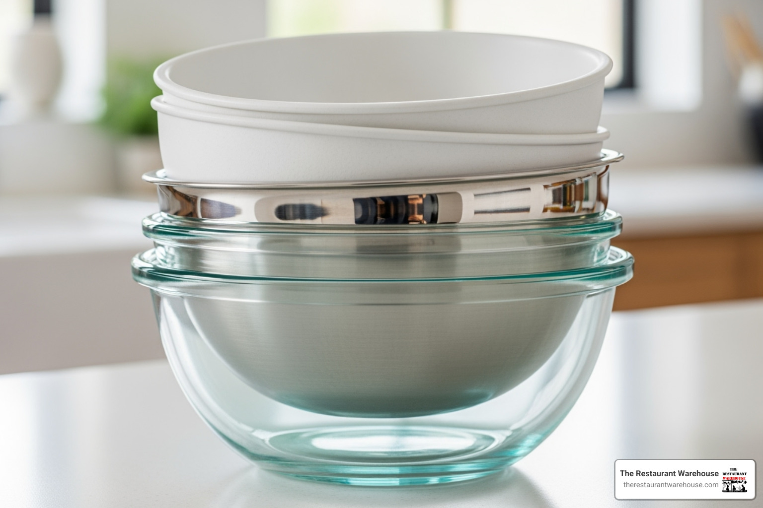 Stack of glass, stainless steel, and melamine prep bowls - Food prep bowls Stack of glass, stainless steel, and melamine prep bowls - Food prep bowls