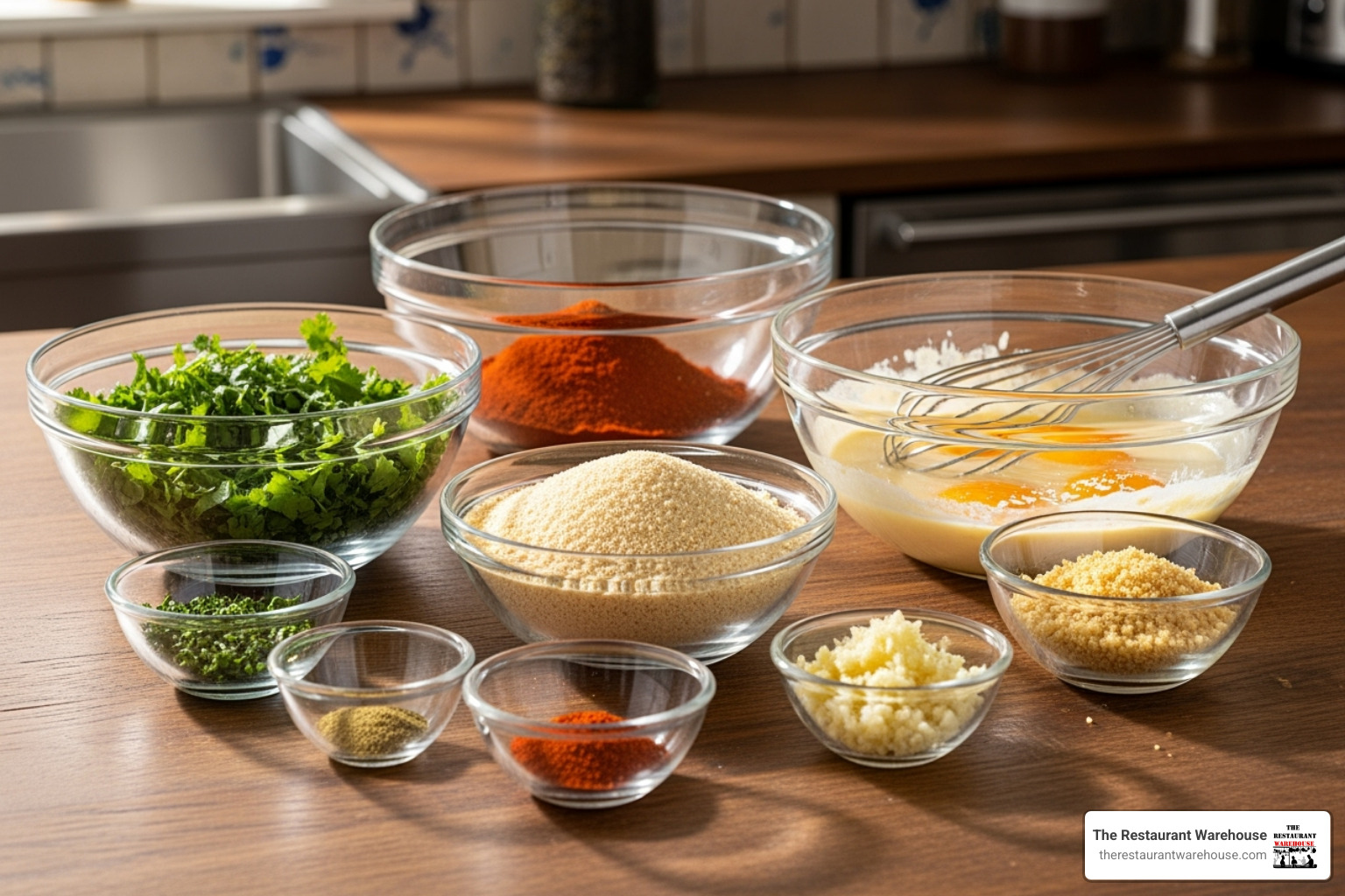 Various sizes of prep bowls, labeled for specific uses like spices, chopped herbs, and mixing batter - Food prep bowls Various sizes of prep bowls, labeled for specific uses like spices, chopped herbs, and mixing batter - Food prep bowls