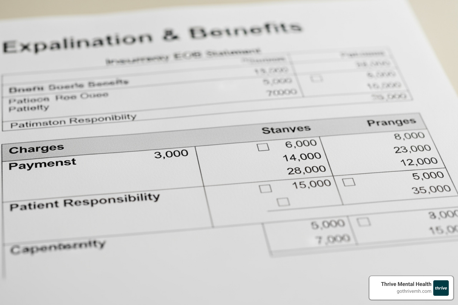 Sample Explanation of Benefits (EOB) for a therapy session with each section clearly annotated - how to read mental health insurance benefits