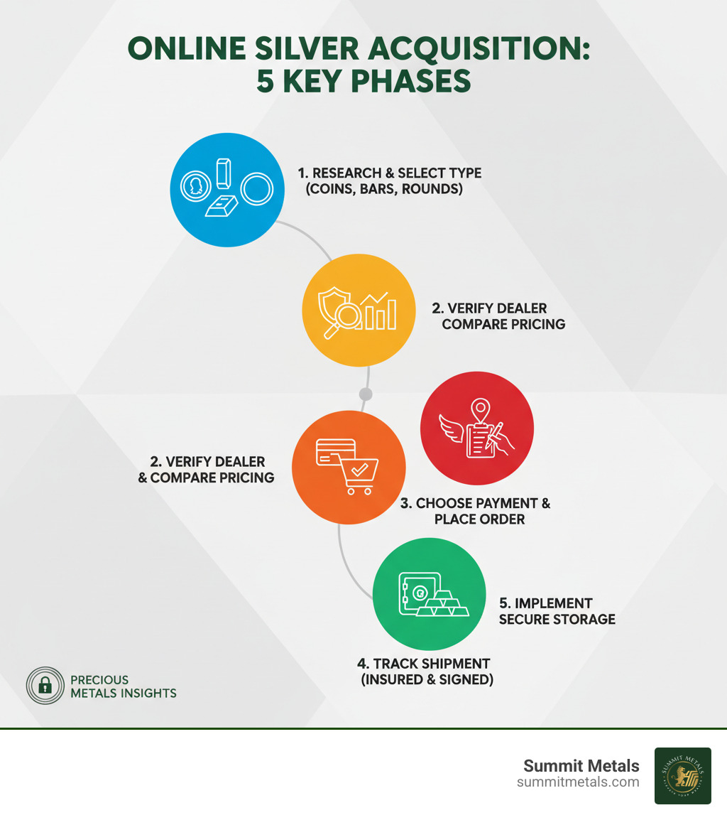 Step-by-step infographic showing the 5 key phases of buying silver online: 1) Research and select silver type (coins, bars, rounds), 2) Verify dealer credentials and compare pricing, 3) Choose payment method and place order, 4) Track shipment with insurance and signature confirmation, 5) Implement secure storage solution - buying silver online infographic 