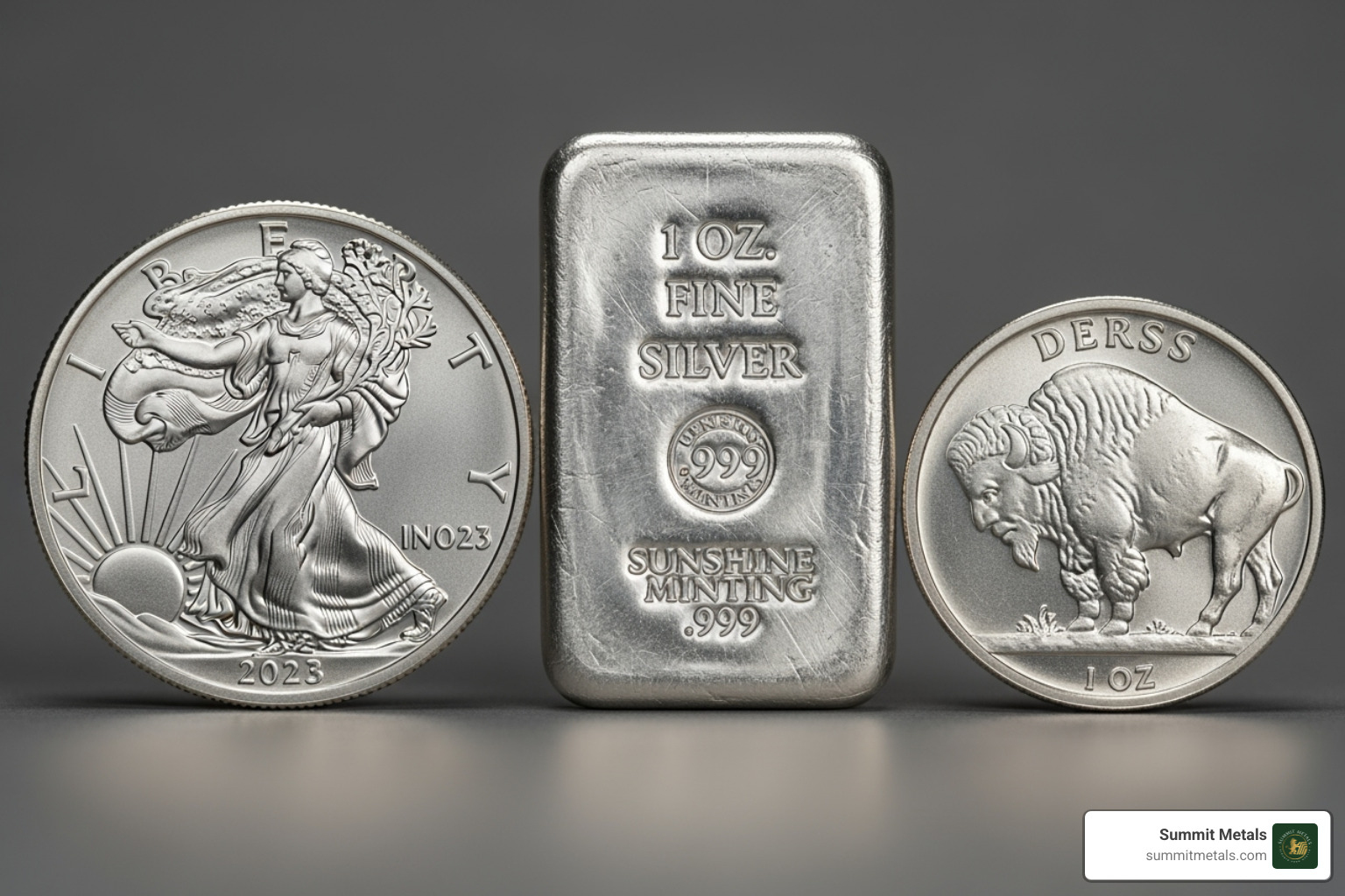 a close-up shot comparing a silver coin, a silver bar, and a silver round side-by-side. - buying silver online