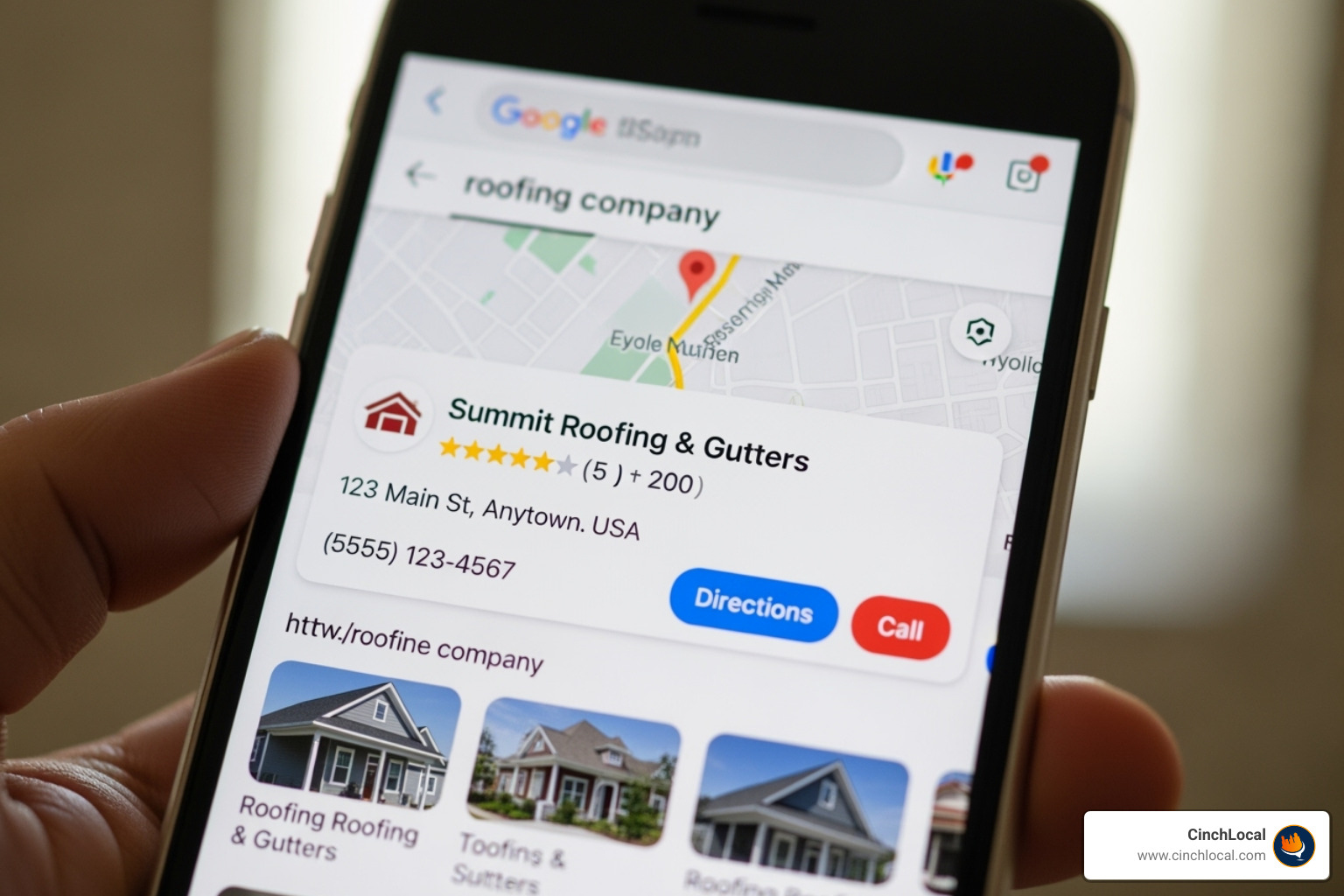 smartphone screen showing a roofing company's Google Business Profile ranking in the top 3 of the local map pack - AI SEO for Roofers