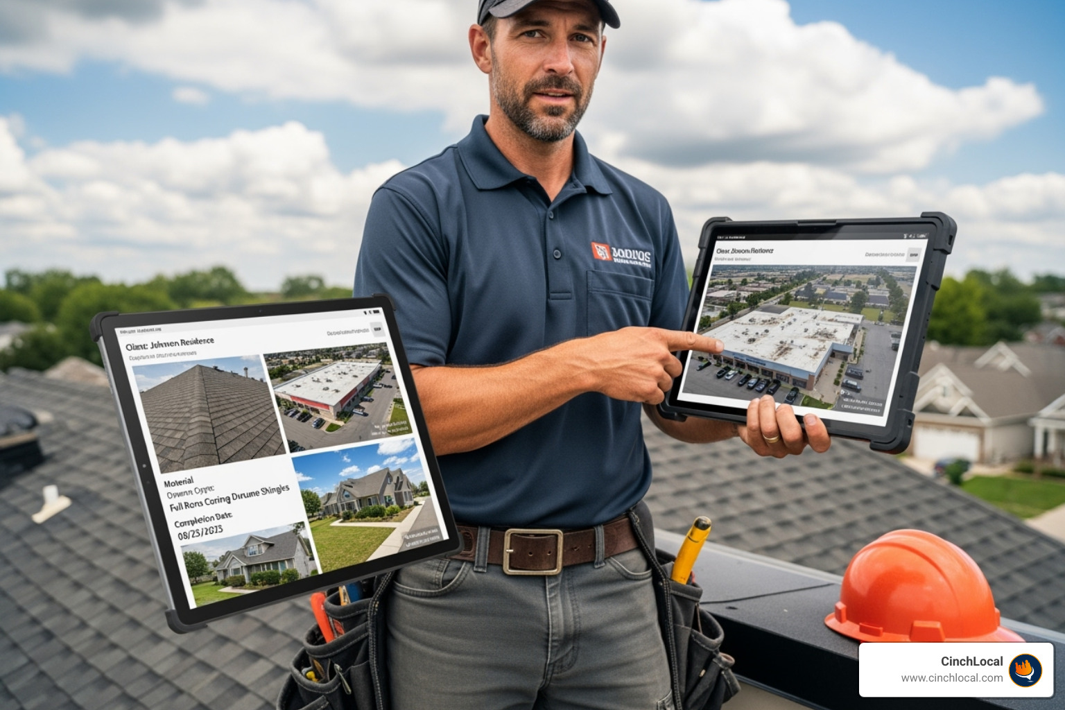 roofing contractor showcasing their expertise with a detailed project portfolio on a tablet - AI SEO for Roofers