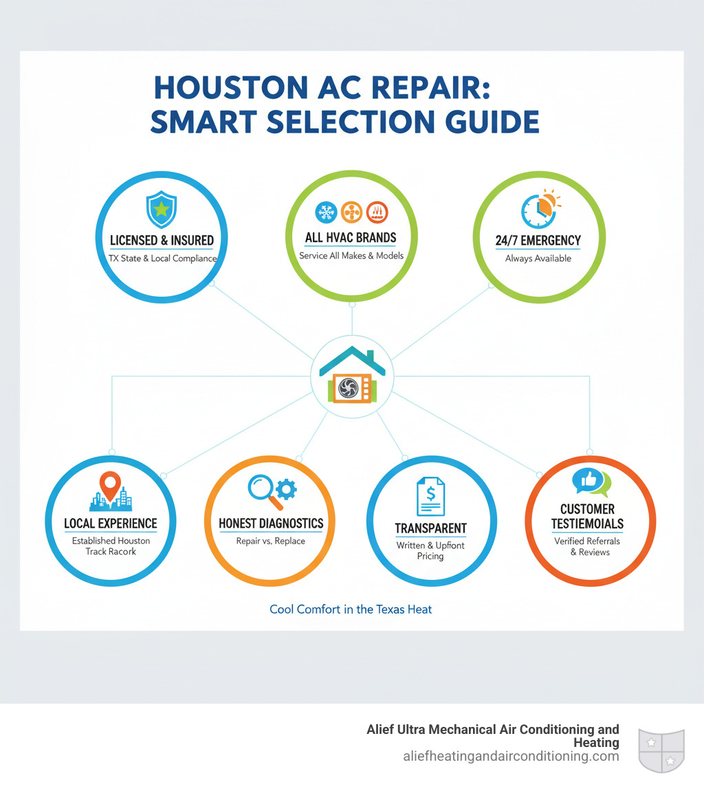 Comprehensive infographic showing Houston AC repair selection criteria including contractor licensing requirements, service capabilities for all HVAC brands, emergency availability hours, local experience indicators, diagnostic approach differences between honest repair vs replacement sales tactics, estimate transparency requirements, and customer testimonial verification methods - home ac repair houston infographic
