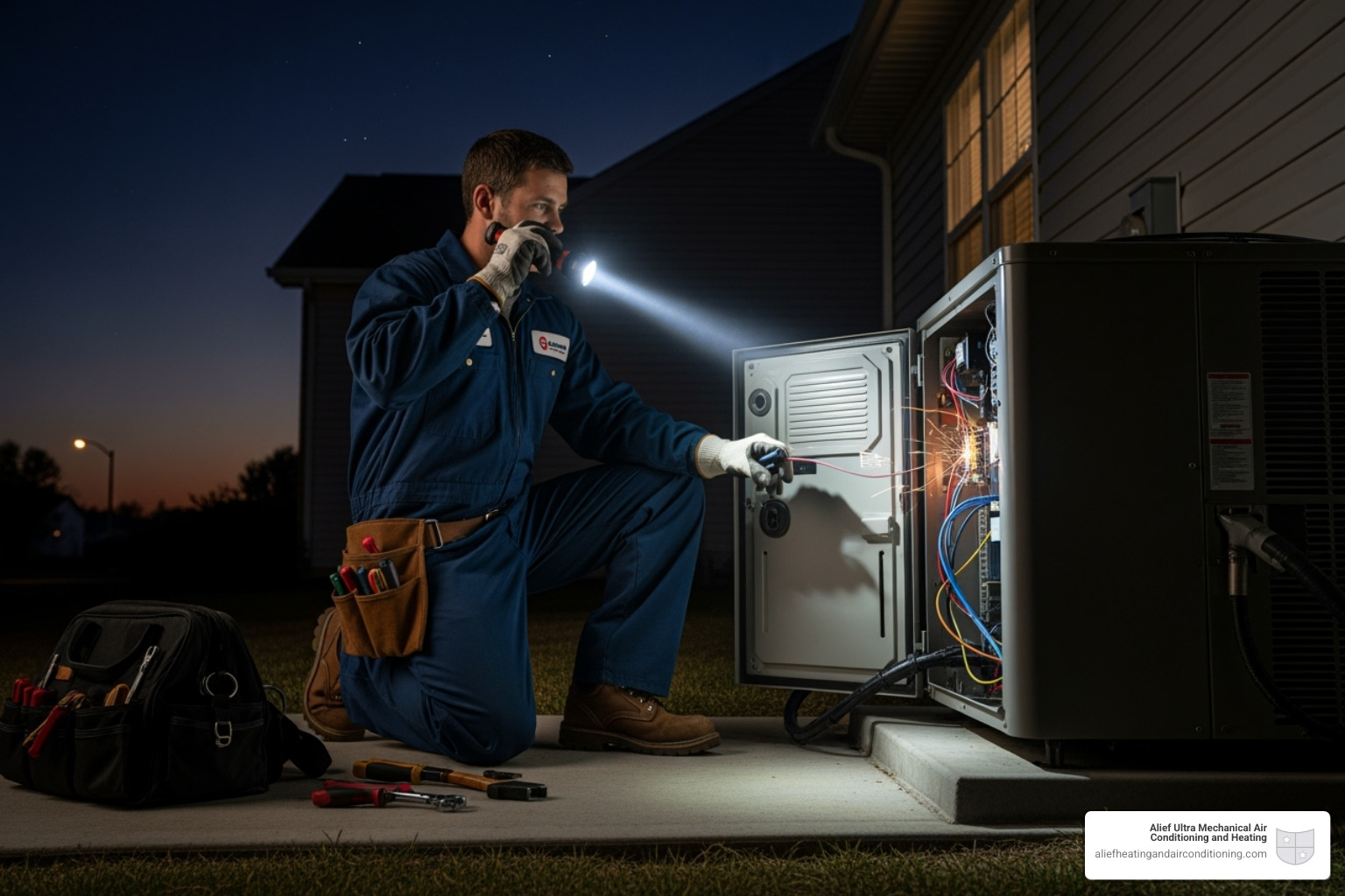Technician responding to emergency AC repair call at night - home ac repair houston