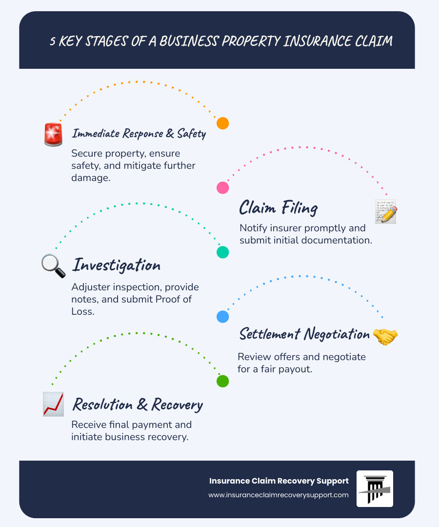 Infographic showing the 5 key stages of a business property insurance claim process: 1) Immediate Response and Safety (secure property, document damage), 2) Claim Filing (notify insurer, submit documentation within deadlines), 3) Investigation (adjuster inspection, proof of loss submission within 60 days), 4) Settlement Negotiation (review offers, dispute if necessary), and 5) Resolution (final payment and business recovery) - business property insurance claim infographic infographic-line-5-steps-blues-accent_colors