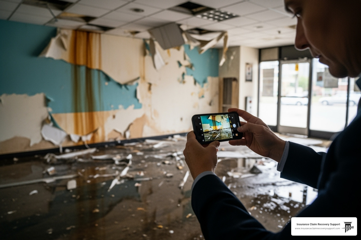 A business owner taking photos of water damage inside a commercial property with a smartphone - business property insurance claim