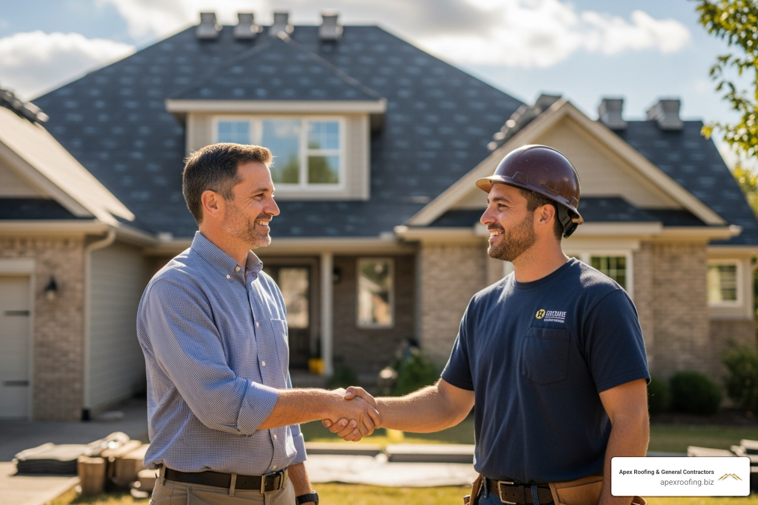 homeowner shaking hands with a roofer, both looking confident and pleased - free roof replacement estimate