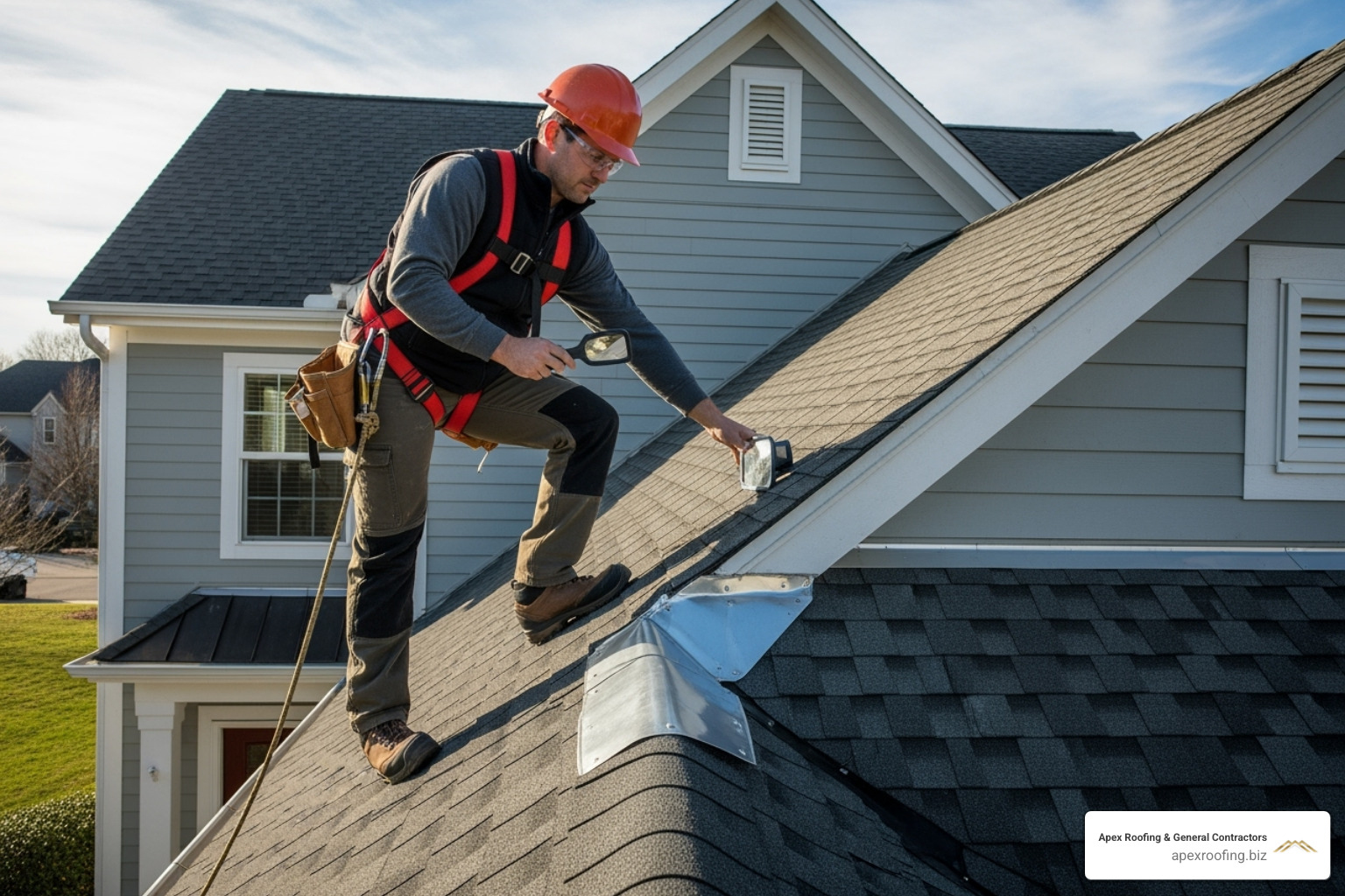 roofer safely on a roof, inspecting shingles and flashing up close - free roof replacement estimate