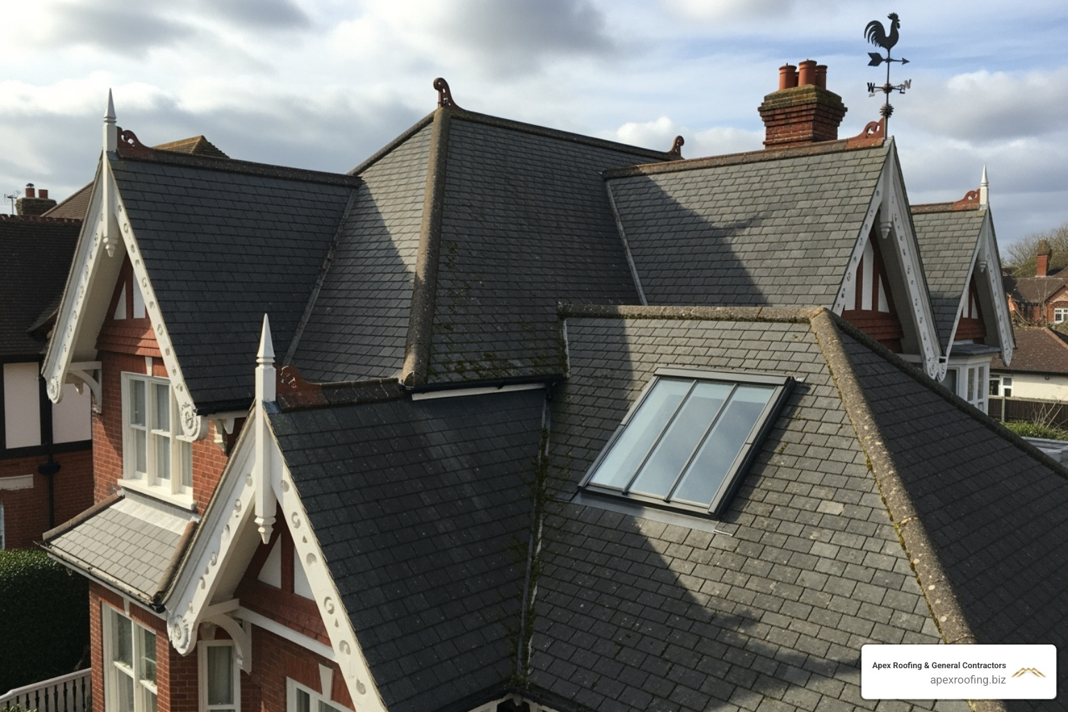 complex roof with multiple gables, valleys, and a skylight to illustrate complexity - free roof replacement estimate