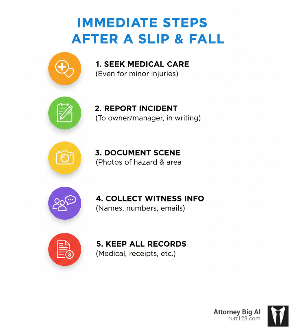 Infographic showing immediate steps after a slip and fall: 1. Seek immediate medical care even if injuries seem minor, 2. Report the incident to the property owner or manager in writing, 3. Document the scene with photos of the hazard and surrounding area, 4. Collect contact information from any witnesses, 5. Keep all medical records and receipts related to your injuries - slip and fall accidents lawsuits infographic 