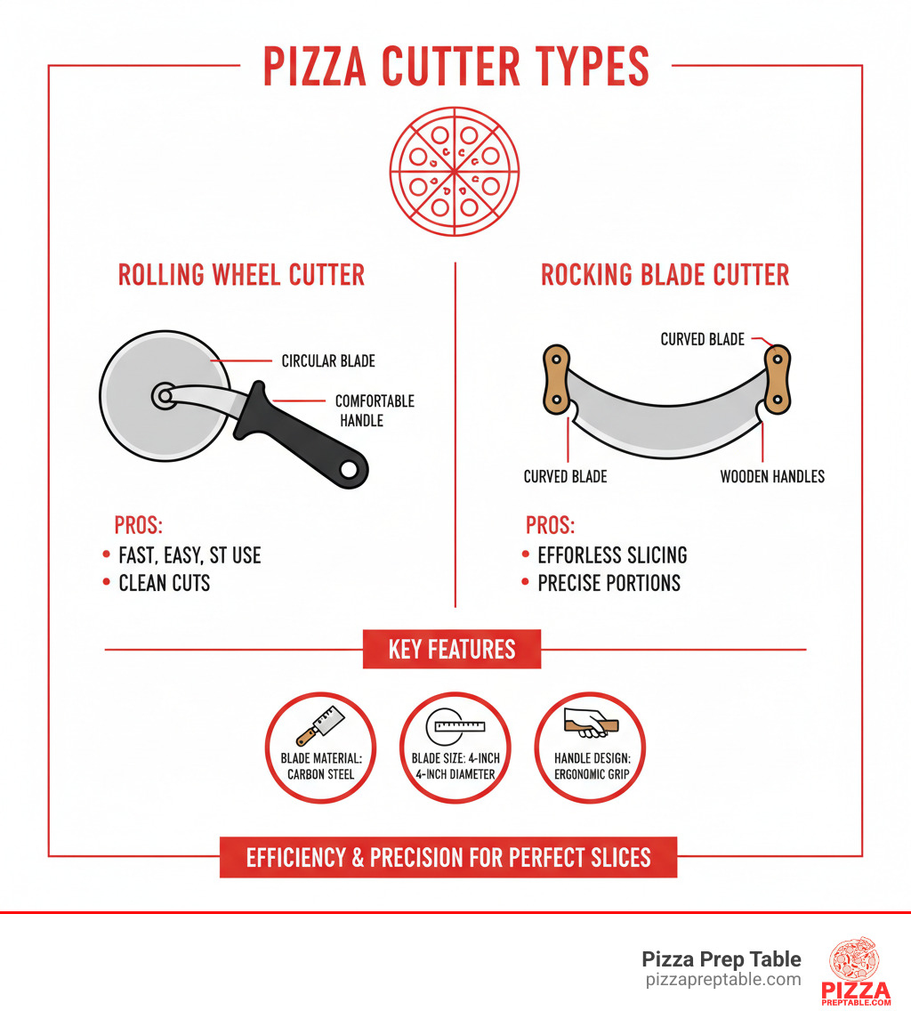 Infographic showing pizza cutter types: rolling wheel cutters with circular blade and comfortable handle on left, rocking blade cutters with curved single-bevel blade and wooden handles on right, with key features labeled for each type - pizza cutter infographic  Infographic showing pizza cutter types: rolling wheel cutters with circular blade and comfortable handle on left, rocking blade cutters with curved single-bevel blade and wooden handles on right, with key features labeled for each type - pizza cutter infographic
