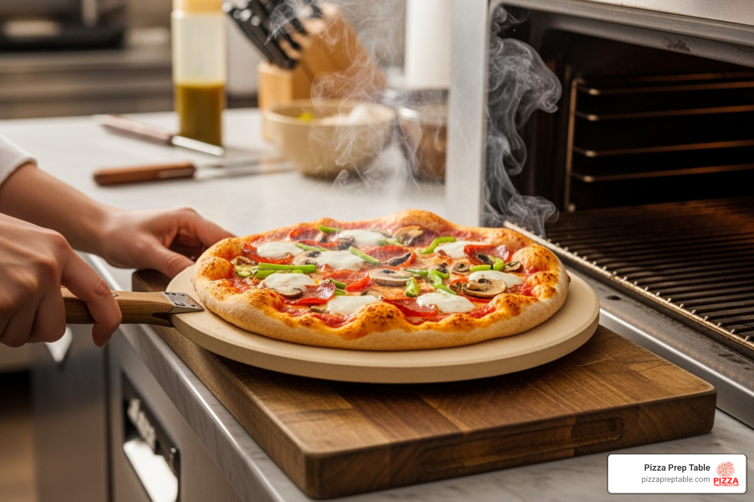 Pizza being transferred from a stone to a wooden cutting board - pizza cutter Pizza being transferred from a stone to a wooden cutting board - pizza cutter