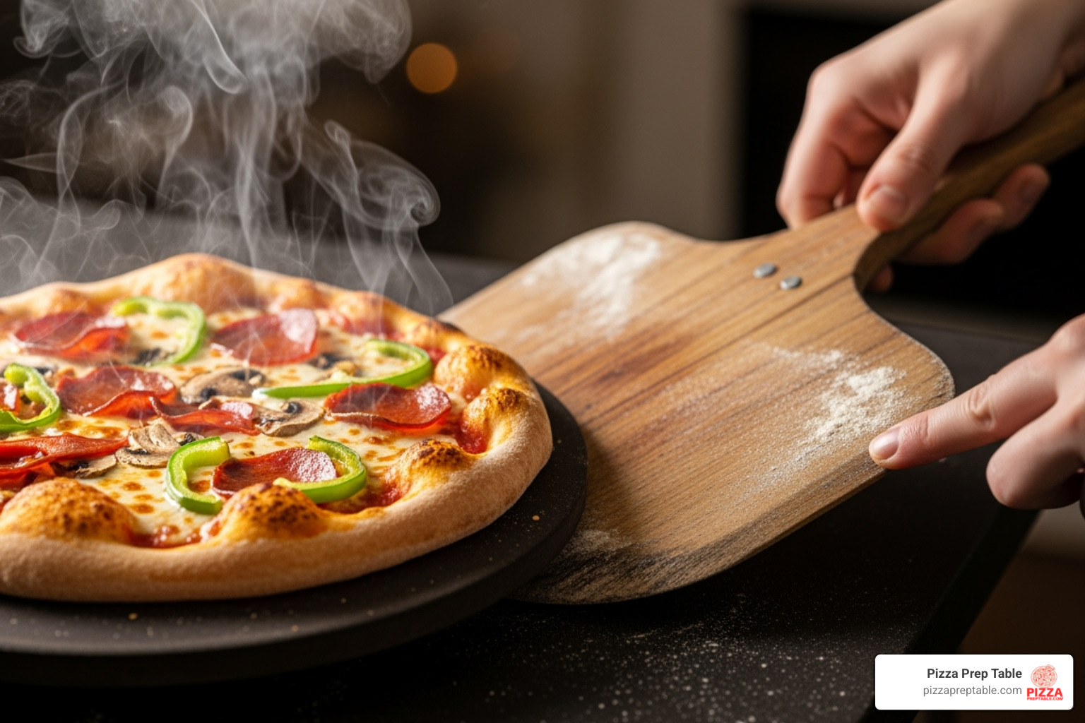 Pizza being transferred from a stone to a wooden peel - pizza cutter on pizza stone