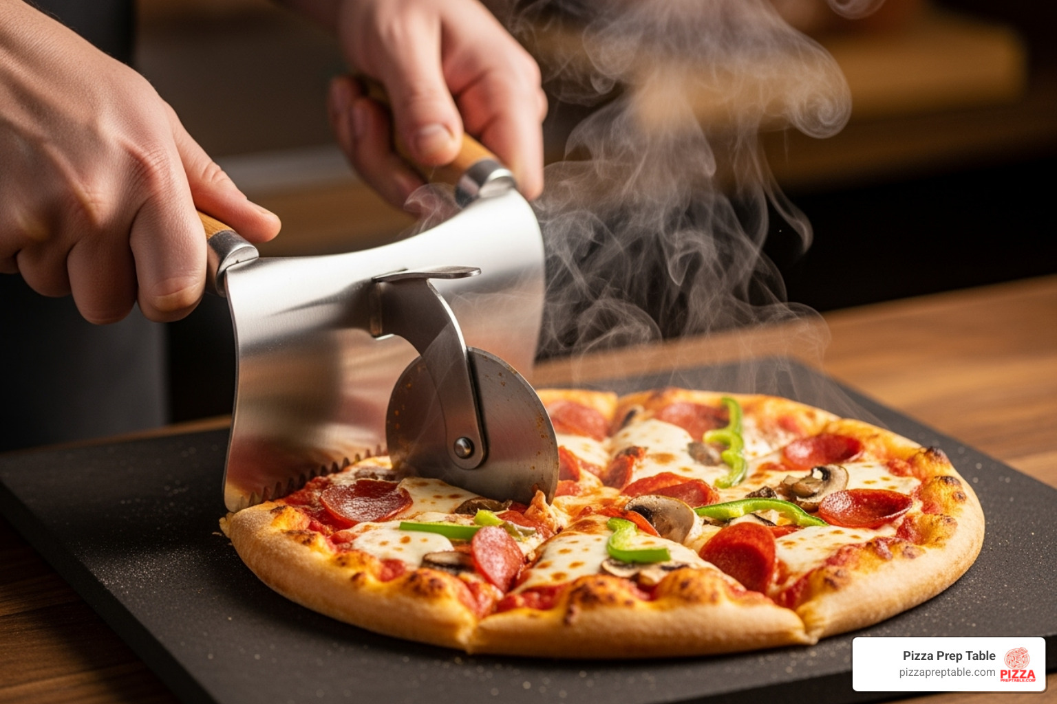 Pizza being sliced on a stone using a rocker cutter - pizza cutter on pizza stone