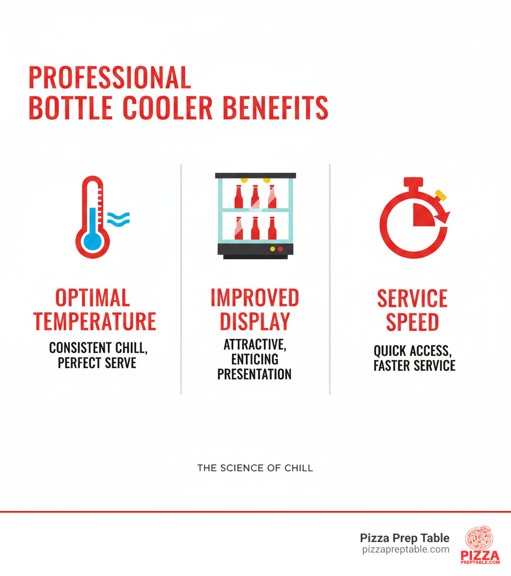 Infographic explaining the key benefits of a professional bottle cooler: optimal temperature, improved display, and improved service speed - bottle cooler infographic 