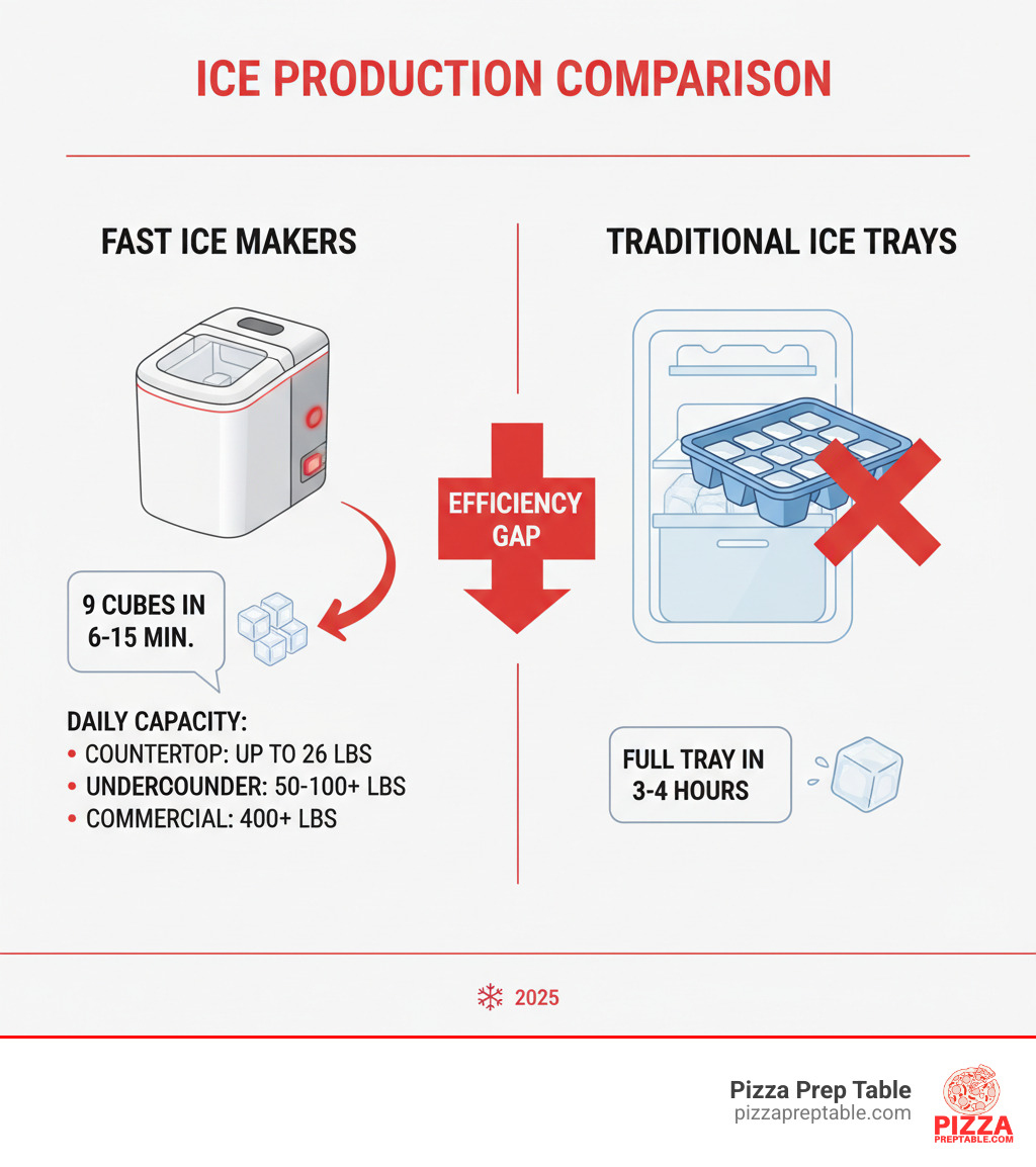 Comprehensive comparison infographic showing ice production times: ice makers producing 9 cubes in 6-15 minutes versus traditional freezer ice trays taking 3-4 hours, with daily production capacity ranges for different ice maker types from 26 lbs for countertop models to 400+ lbs for commercial units - ice makers infographic 