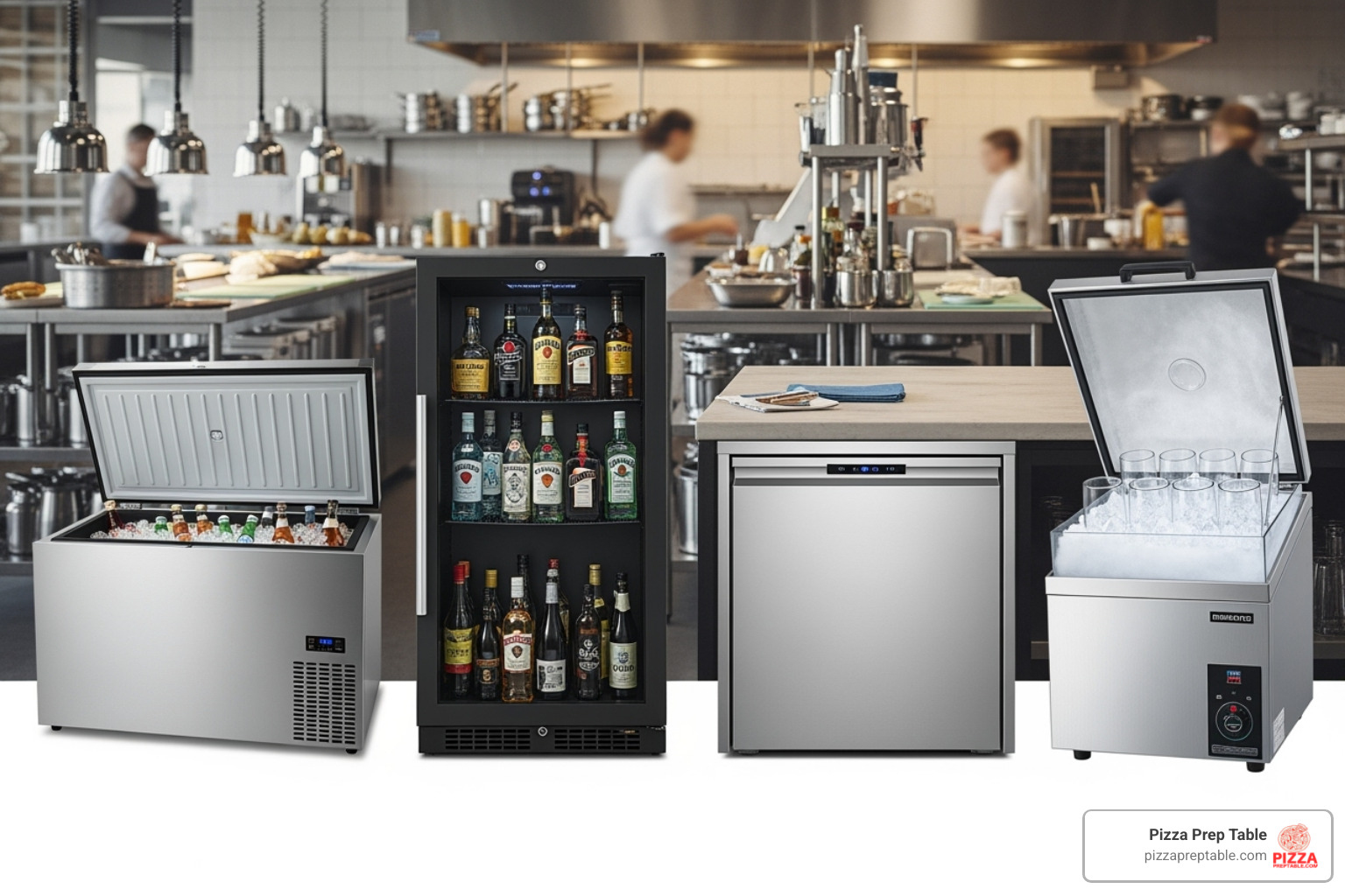 four different types of bottle coolers side-by-side: horizontal, upright back bar, undercounter, and a glass froster - bottle cooler