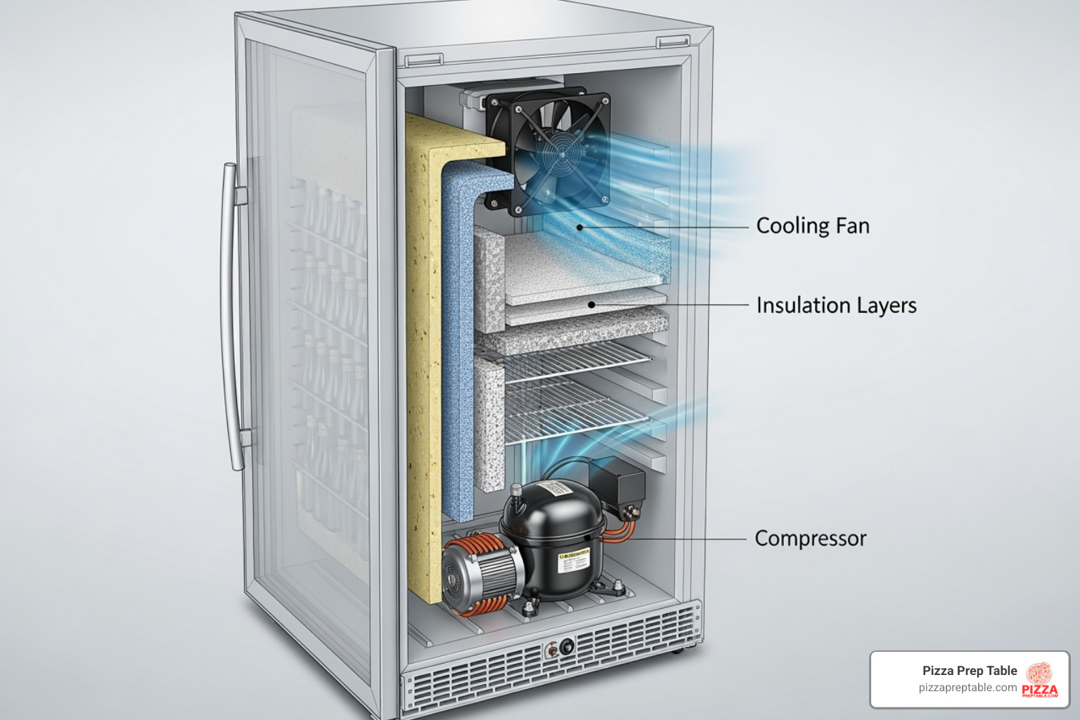 cutaway view of a bottle cooler showing the compressor, fan, and insulation layers - bottle cooler