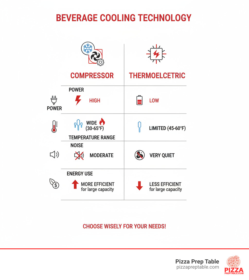 Table comparing Compressor vs. Thermoelectric cooling technology on key attributes like Power, Temperature Range, Noise, and Energy Use. - beverage cooler infographic  Table comparing Compressor vs. Thermoelectric cooling technology on key attributes like Power, Temperature Range, Noise, and Energy Use. - beverage cooler infographic