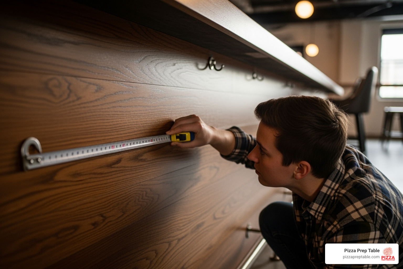 person measuring the space under a bar counter - back bar cooler person measuring the space under a bar counter - back bar cooler