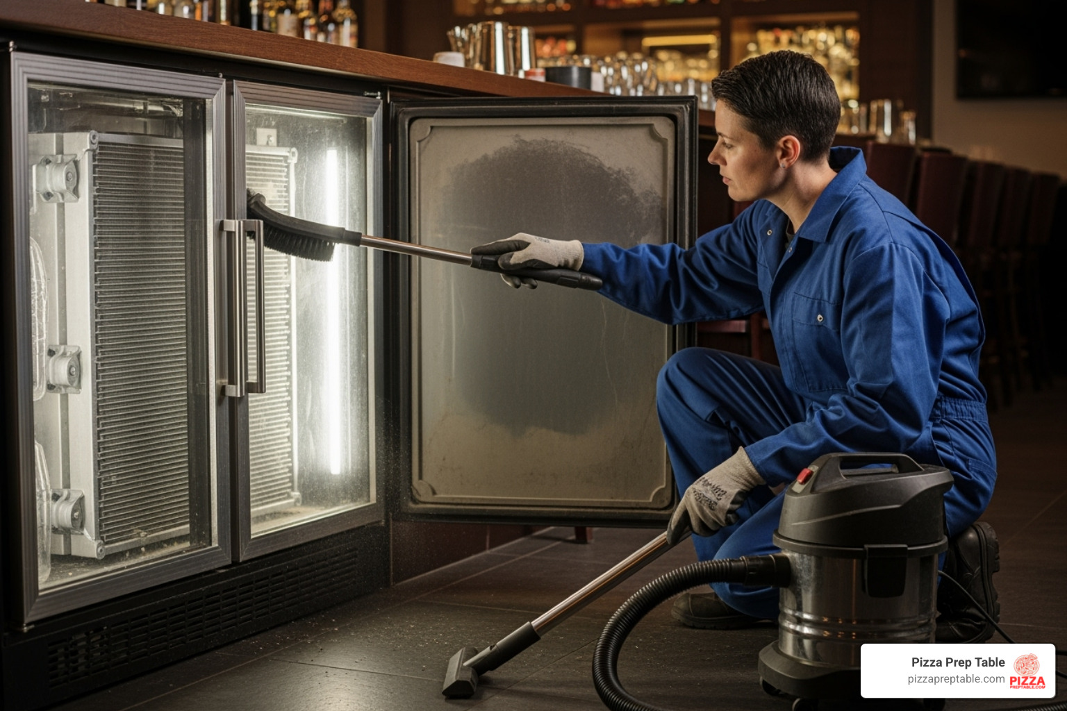 technician cleaning the condenser coils on a back bar cooler - back bar cooler technician cleaning the condenser coils on a back bar cooler - back bar cooler