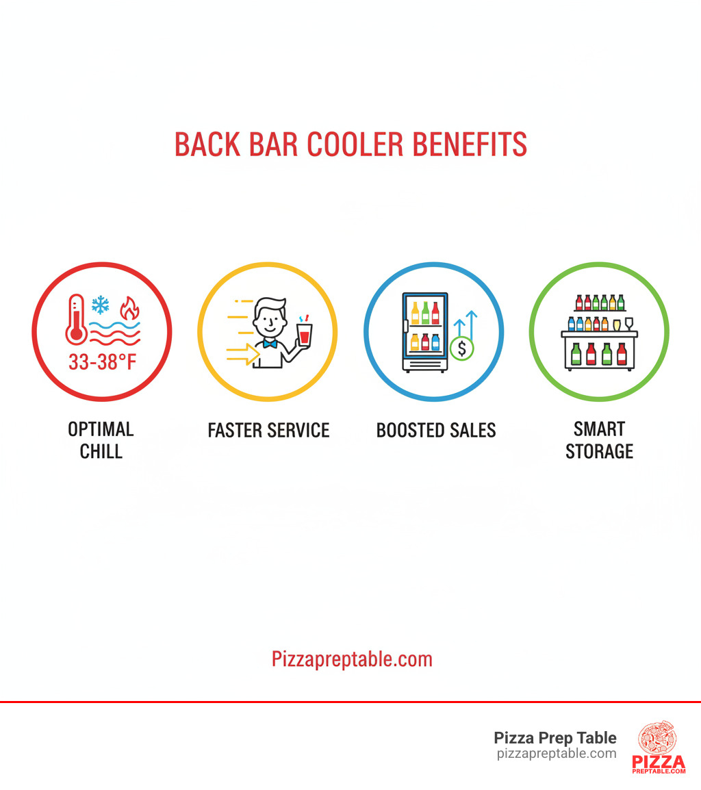 Infographic showing the four key benefits of back bar coolers: optimal temperature control maintaining beverages at 33-38°F for perfect taste, improved service efficiency with easy access to chilled drinks reducing wait times, improved visual merchandising with glass door options that showcase products and boost impulse sales, and maximized storage capacity with compact design fitting under counters while holding hundreds of bottles and cans - back bar cooler infographic  Infographic showing the four key benefits of back bar coolers: optimal temperature control maintaining beverages at 33-38°F for perfect taste, improved service efficiency with easy access to chilled drinks reducing wait times, improved visual merchandising with glass door options that showcase products and boost impulse sales, and maximized storage capacity with compact design fitting under counters while holding hundreds of bottles and cans - back bar cooler infographic