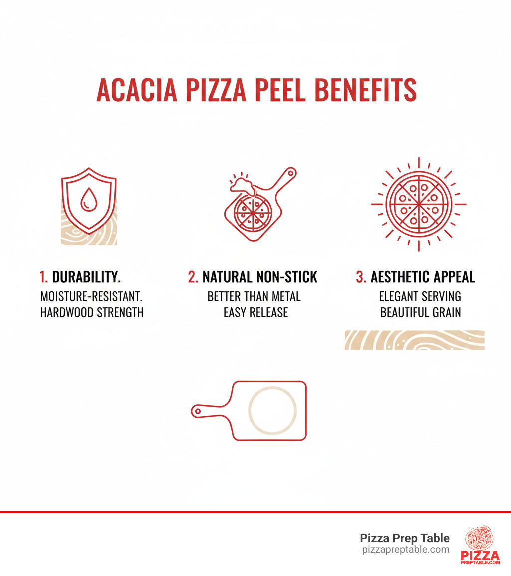 Infographic showing the top 3 benefits of an acacia pizza peel: Durability with moisture resistance and hardwood strength, Natural Non-Stick Properties that work better than metal with flour dusting, and Aesthetic Appeal for neat serving and entertaining with beautiful wood grain patterns - acacia pizza peel infographic 