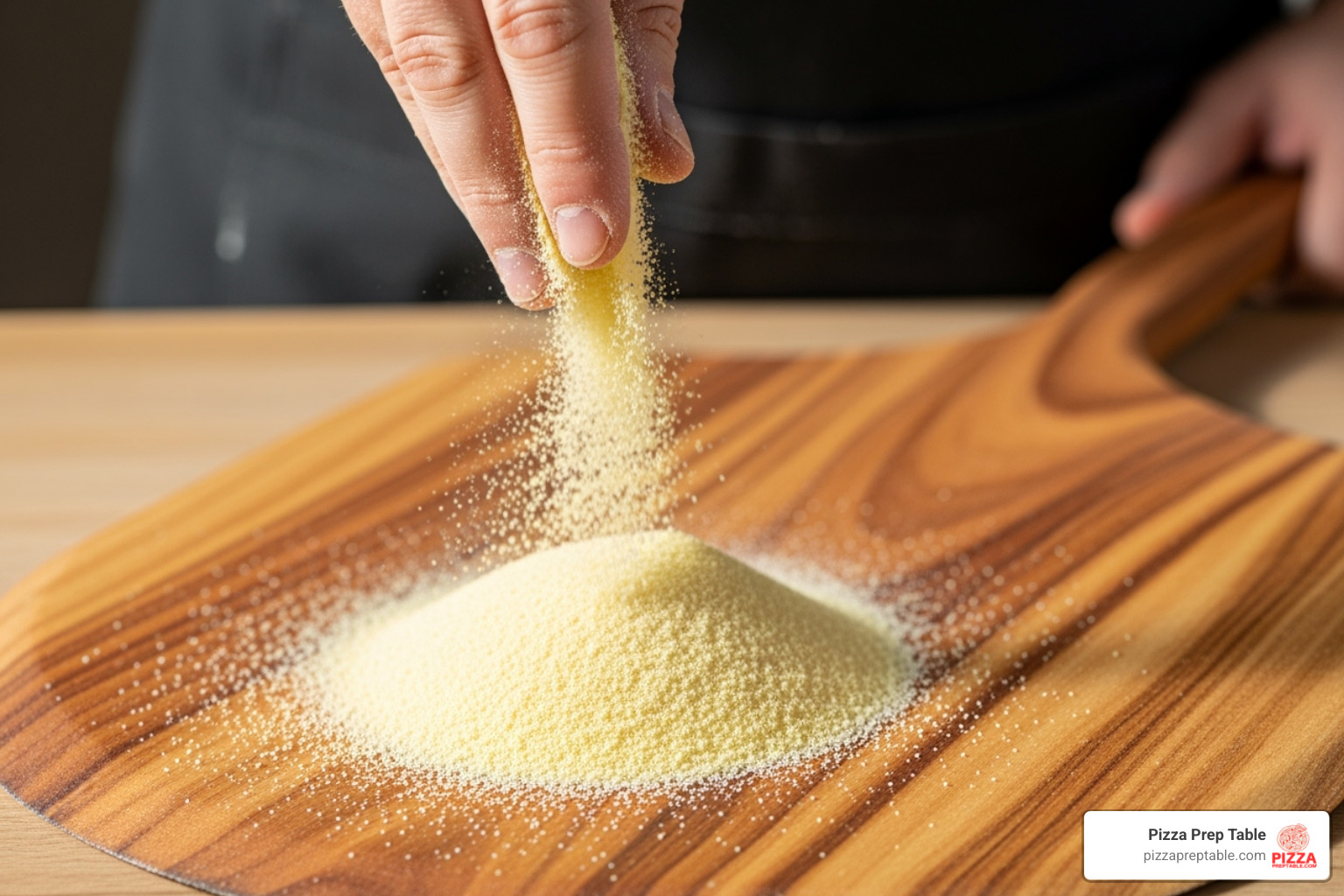 person sprinkling semolina flour on an acacia peel - acacia pizza peel