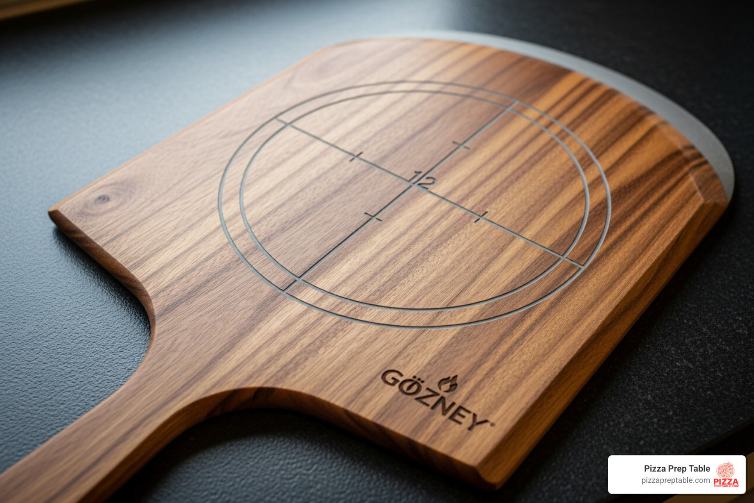 Gozney peel with its etched markings - acacia pizza peel