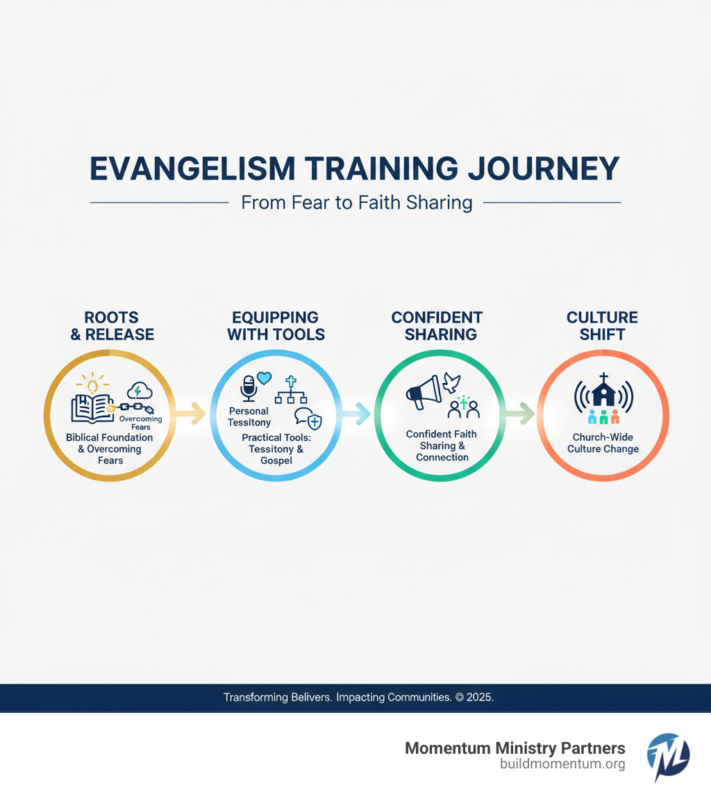 Comprehensive infographic showing the evangelism training journey: from Biblical foundation and overcoming fears, to practical tools like personal testimony and gospel presentations, leading to confident faith sharing and church-wide culture change - evangelism training infographic 