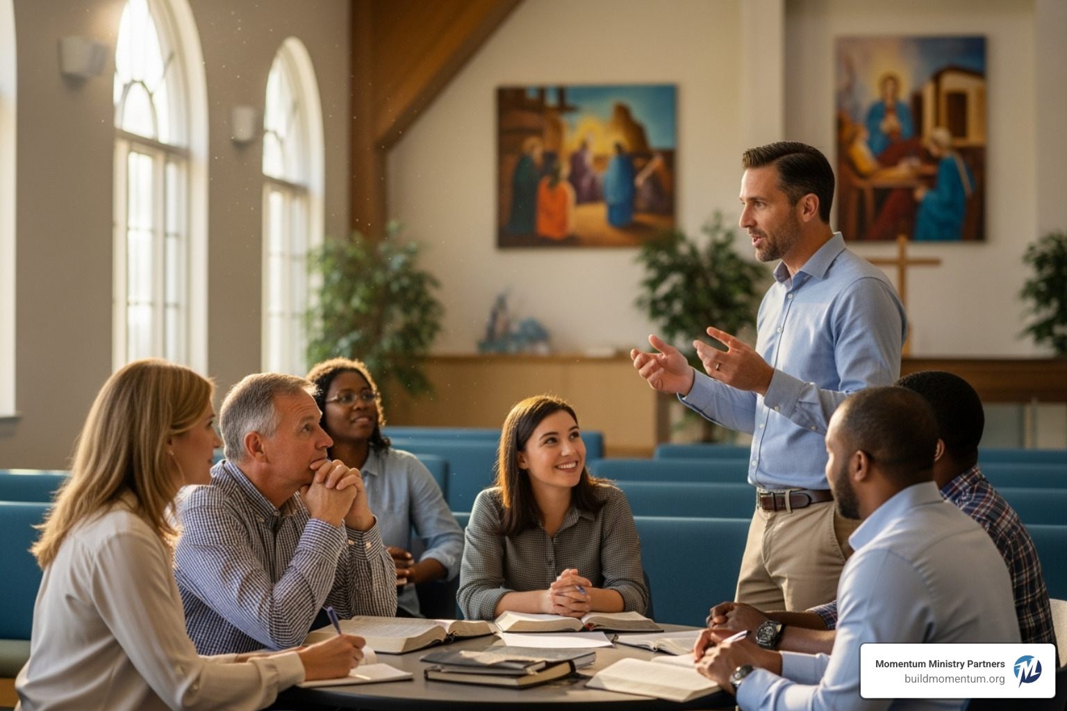 A pastor talking with a small group of engaged church members. - evangelism training