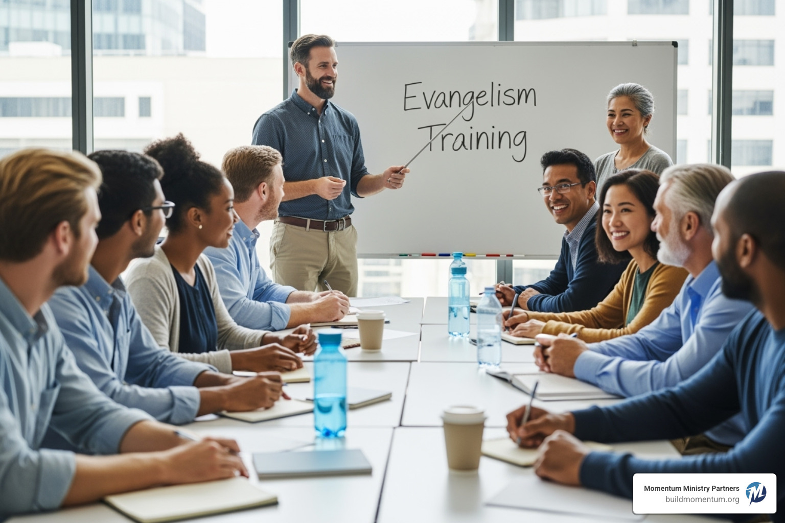 A toolbox filled with icons representing different evangelism tools: a storybook (testimony), a bridge diagram, a question mark, and a Bible. - evangelism training