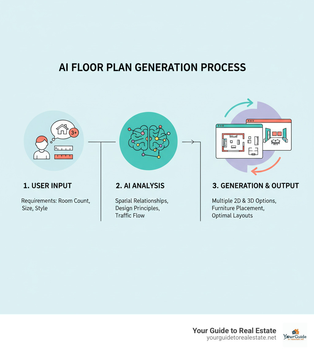 Infographic showing the AI floor plan generation process: User inputs requirements like room count and size, AI analyzes spatial relationships and design principles, system generates multiple 2D and 3D floor plan options with furniture placement and optimal traffic flow - ai floor plan generator infographic 