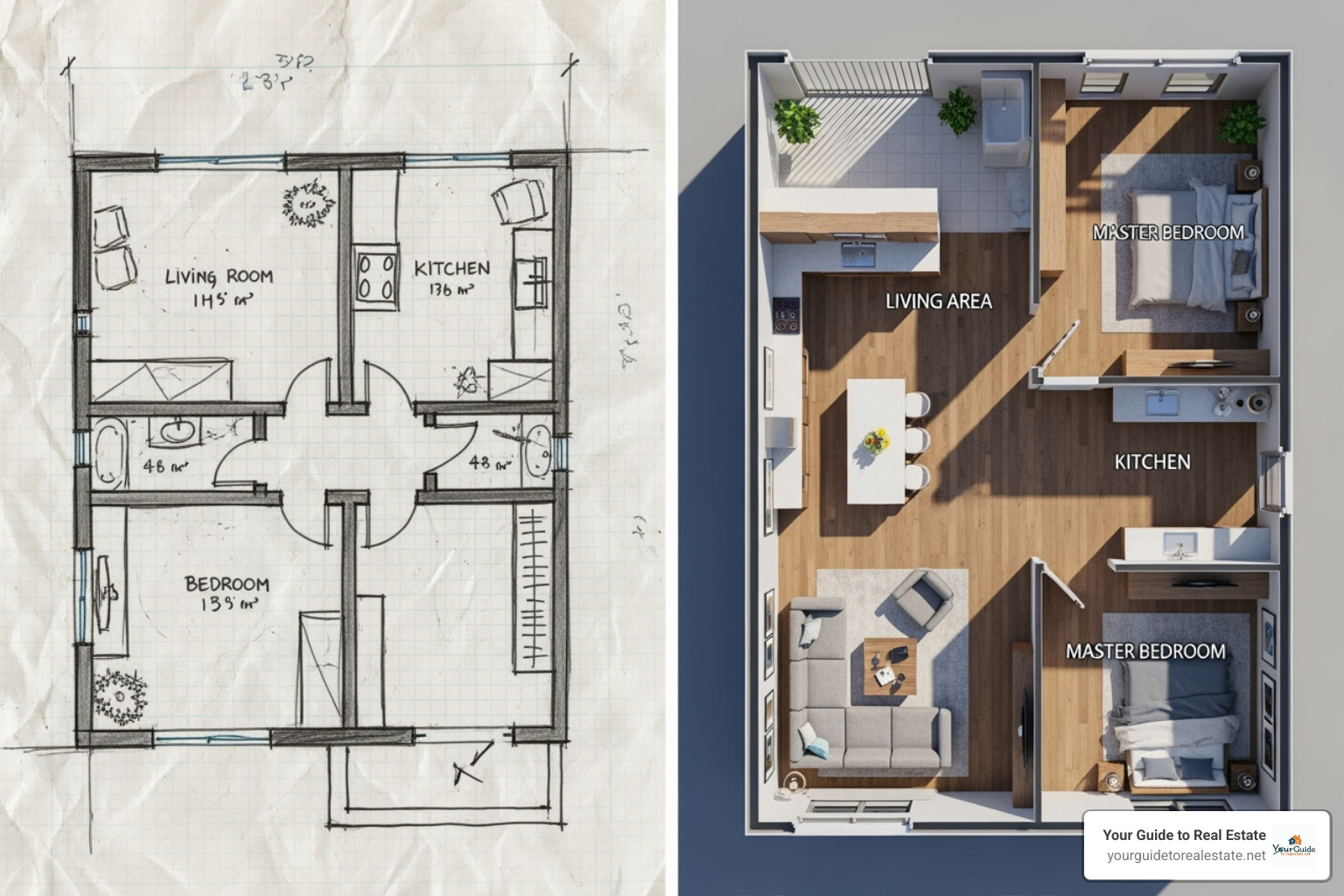 image comparing a simple hand-drawn sketch to a polished 3D AI render - ai floor plan generator