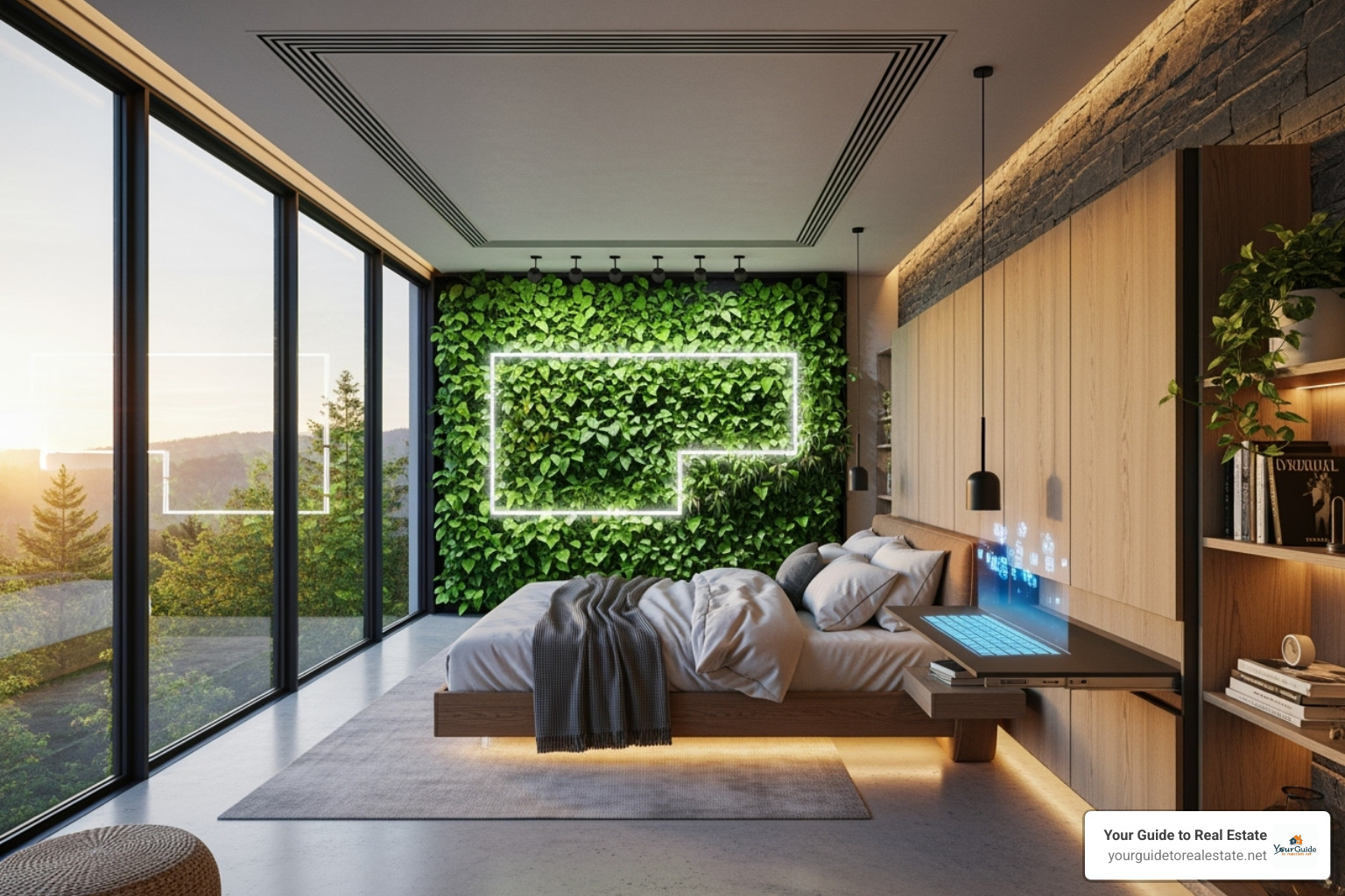 futuristic bedroom with integrated smart technology and biophilic elements - bedroom floor plan